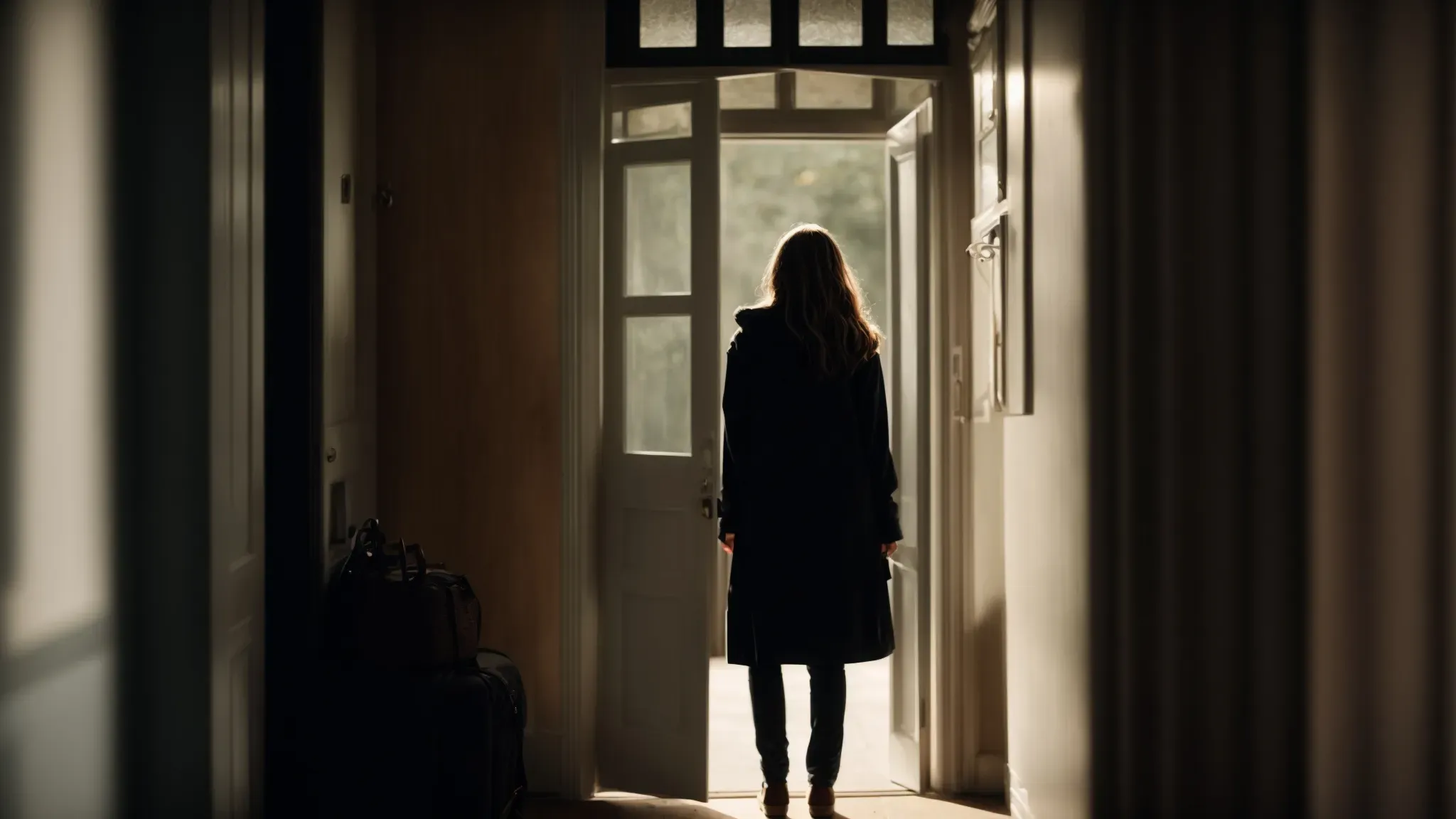a shadowy figure looms in a doorway, looking upon an unsuspecting woman, evoking a typical hitchcockian suspenseful atmosphere.