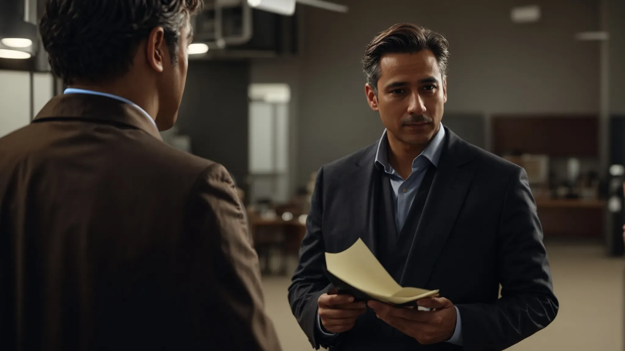 a line producer discusses with a lawyer amidst a film set to ensure all production activities adhere to legal standards and union agreements.