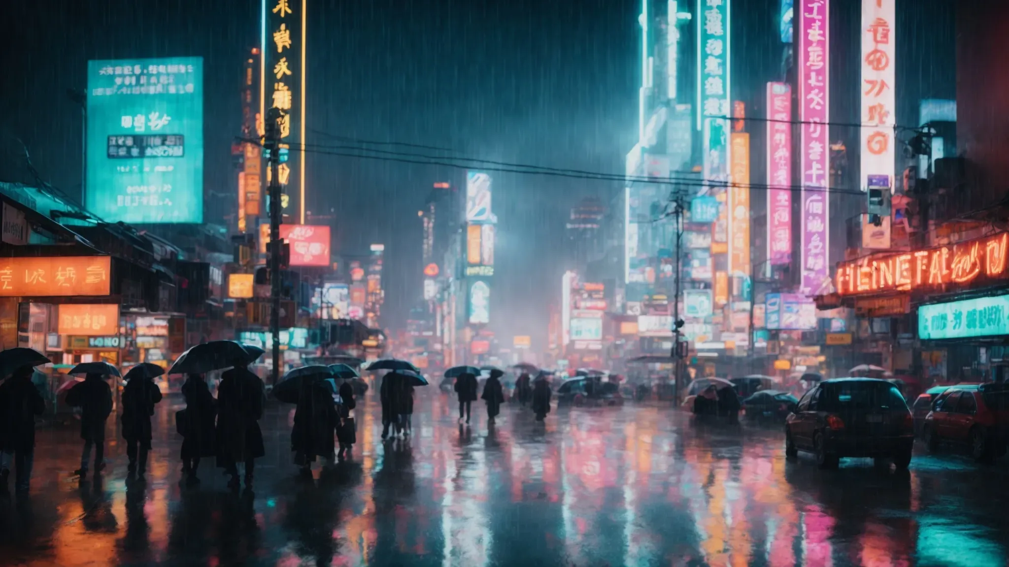futuristic skyline with neon signs and holographic advertisements towering over a rain-soaked, bustling street.