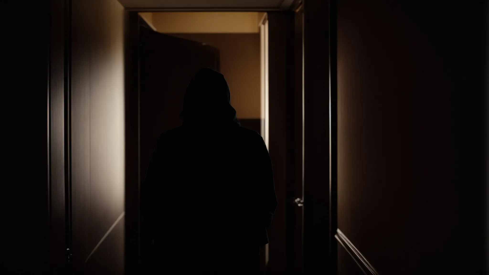 a silhouette of a mysterious figure lurking in the doorway of a dimly lit vintage hotel hallway.