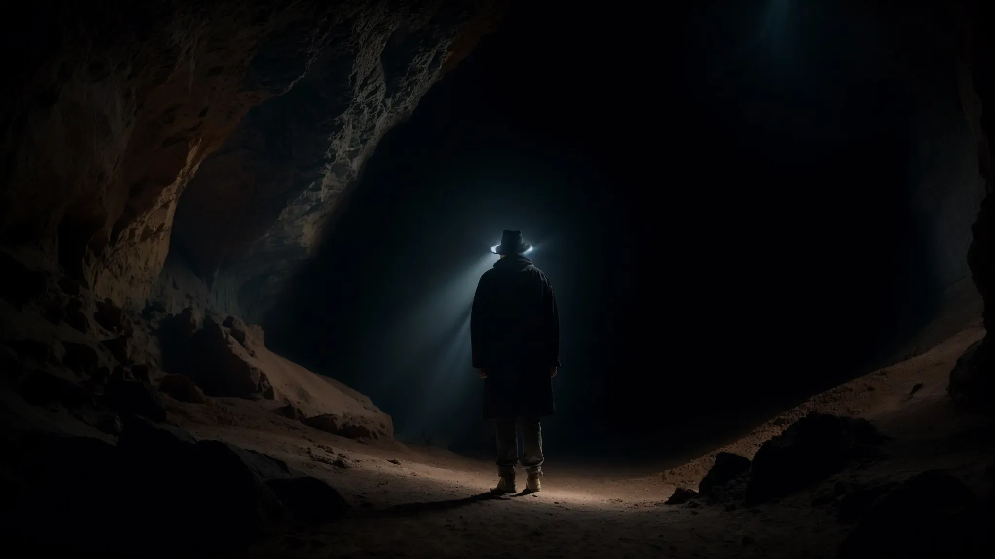 a shadowy figure stands at the entrance of a foreboding cave, its interior swallowed by darkness.