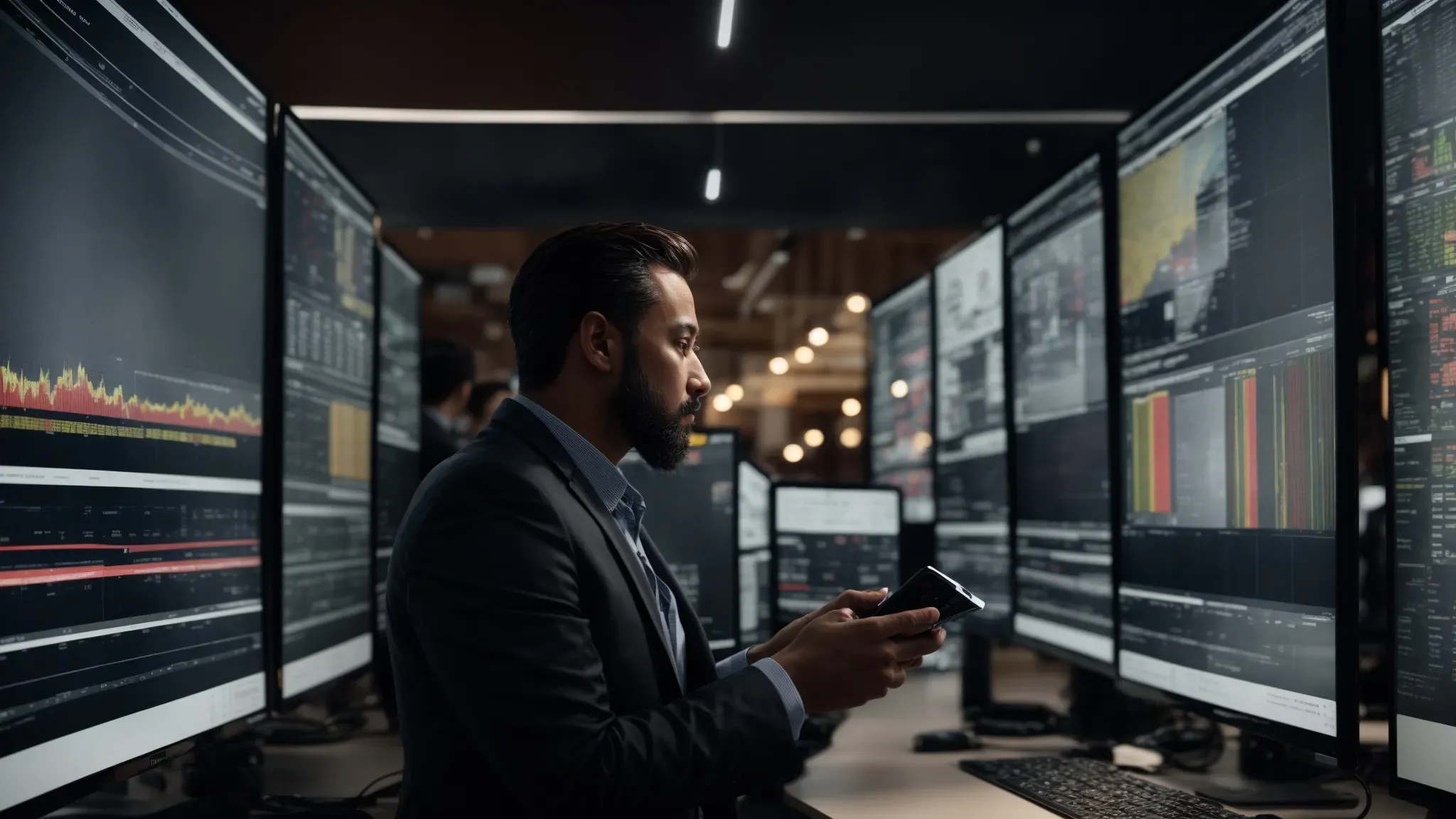 a media buying strategist observes multiple screens displaying dynamic advertising campaign analytics.