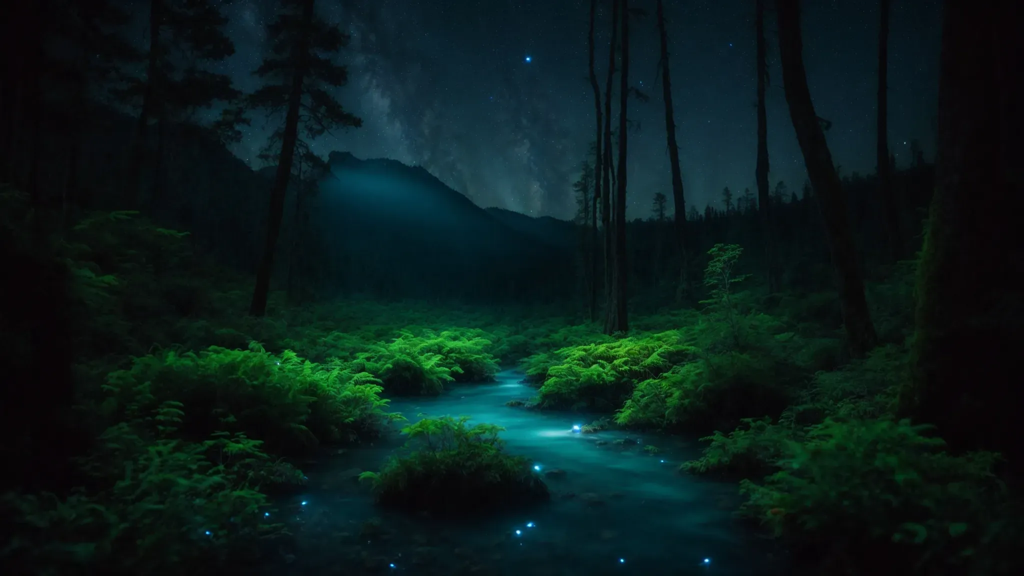 a vast, luminous forest in pandora, with bioluminescent flora and floating mountains under a starry sky.