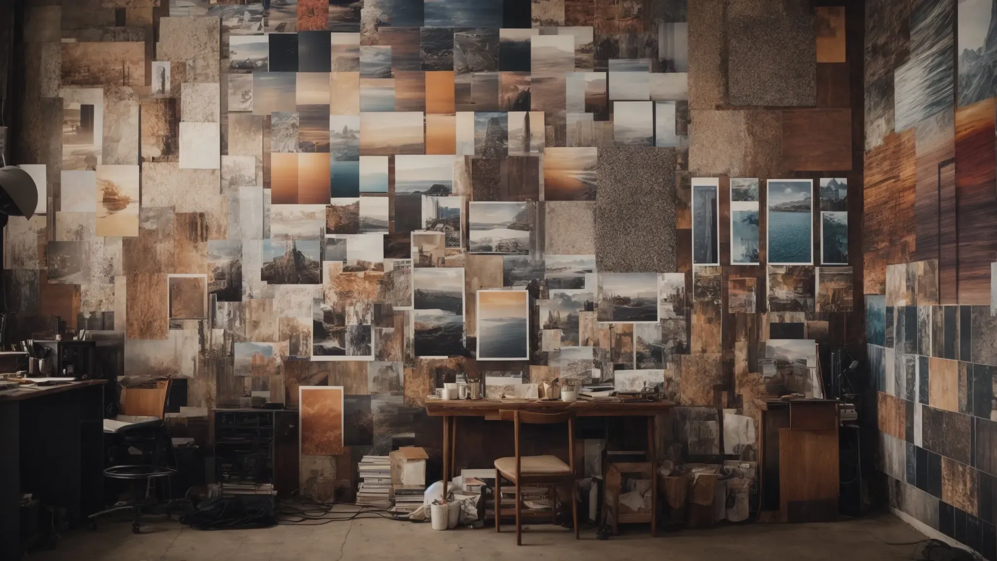 a wall covered with an eclectic mix of inspirational images, textures, and color swatches set against a backdrop of a creative studio.