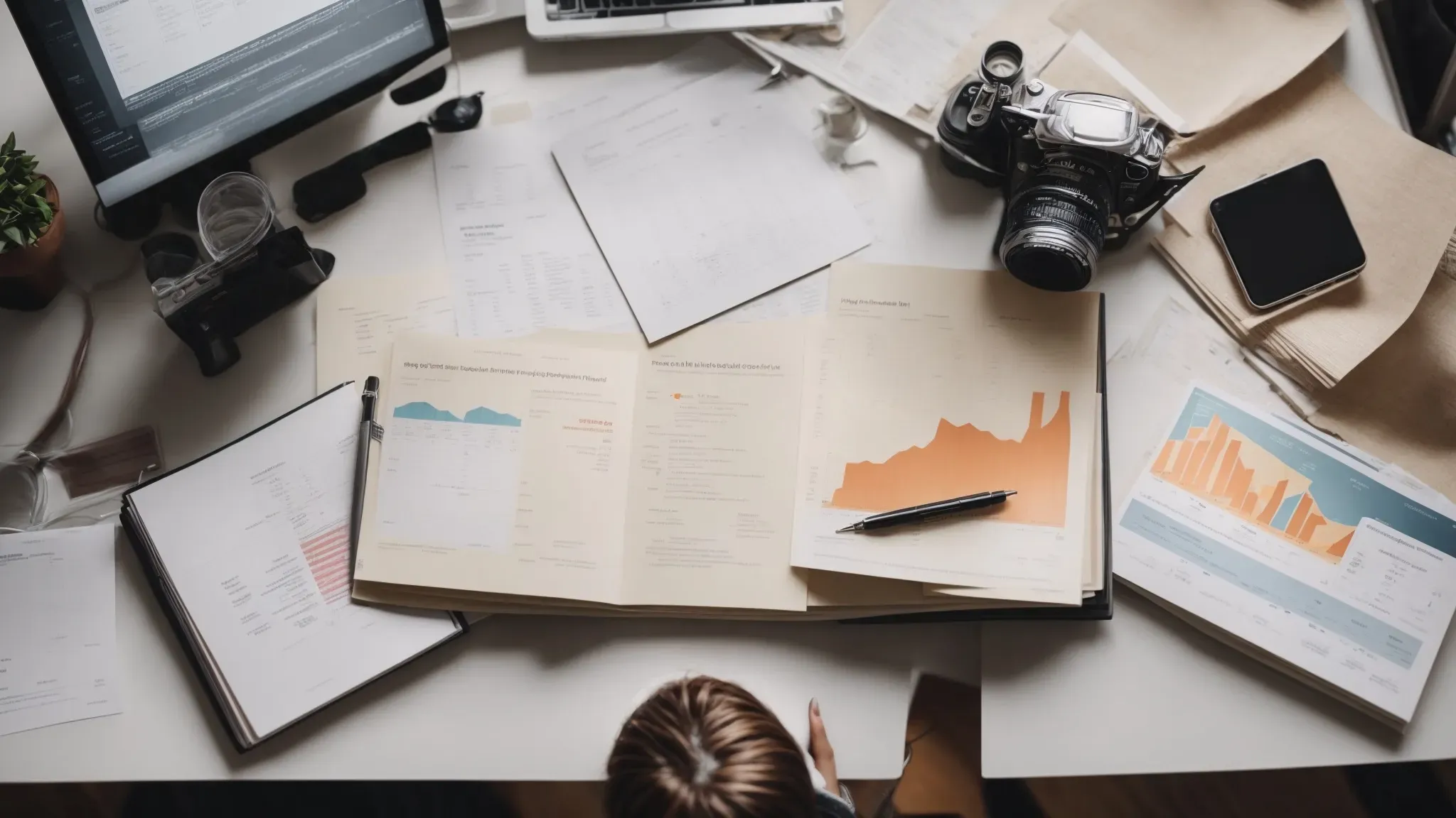a focused individual reviewing financial graphs and charts on a clean, orderly desk with a vision board in the background.