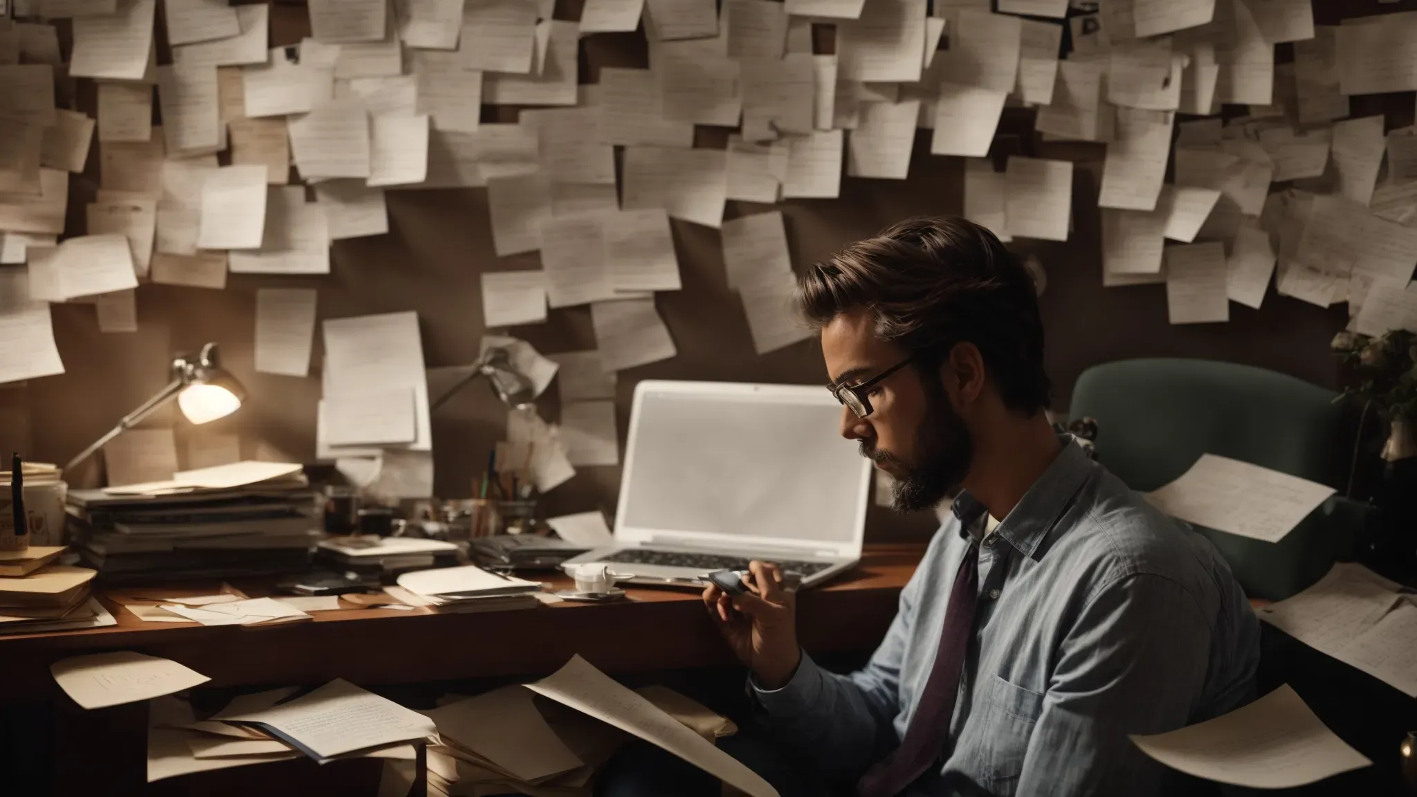 a writer sits at a desk surrounded by notes, deeply engrossed in crafting a story on a laptop.