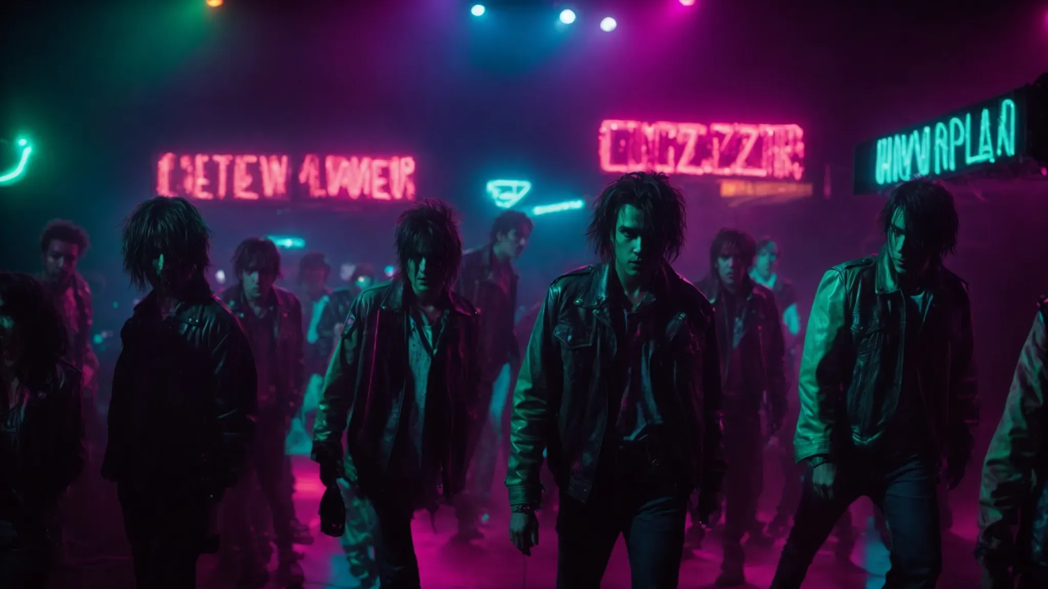 a group of zombies, illuminated by neon lights, stumble through an 80s punk rock concert venue, capturing the film's blend of horror and humor.