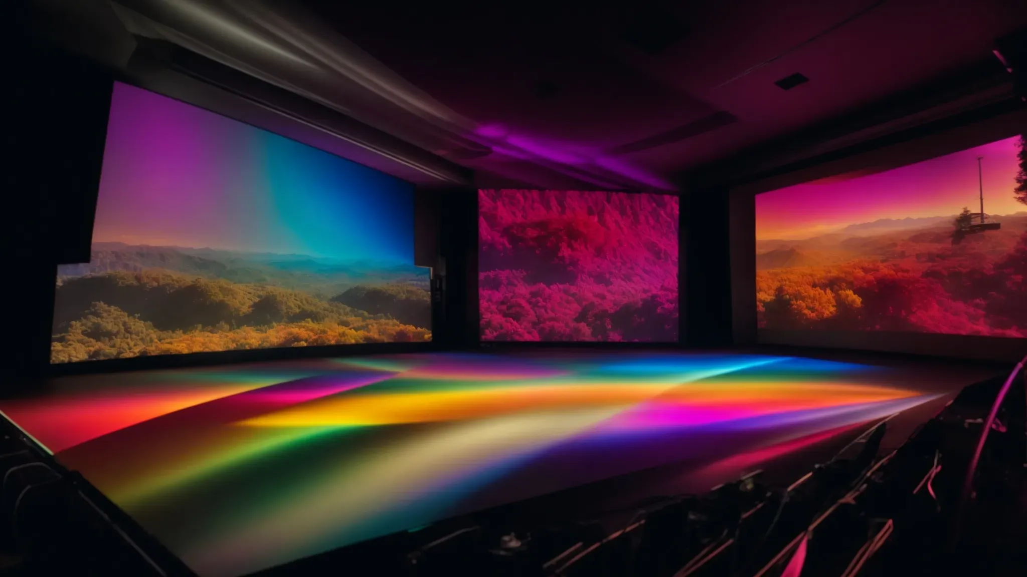 a projector illuminates a screen with scenes transitioning from black and white to vibrant colors, symbolizing the evolution of film colorization and explore Saturation.