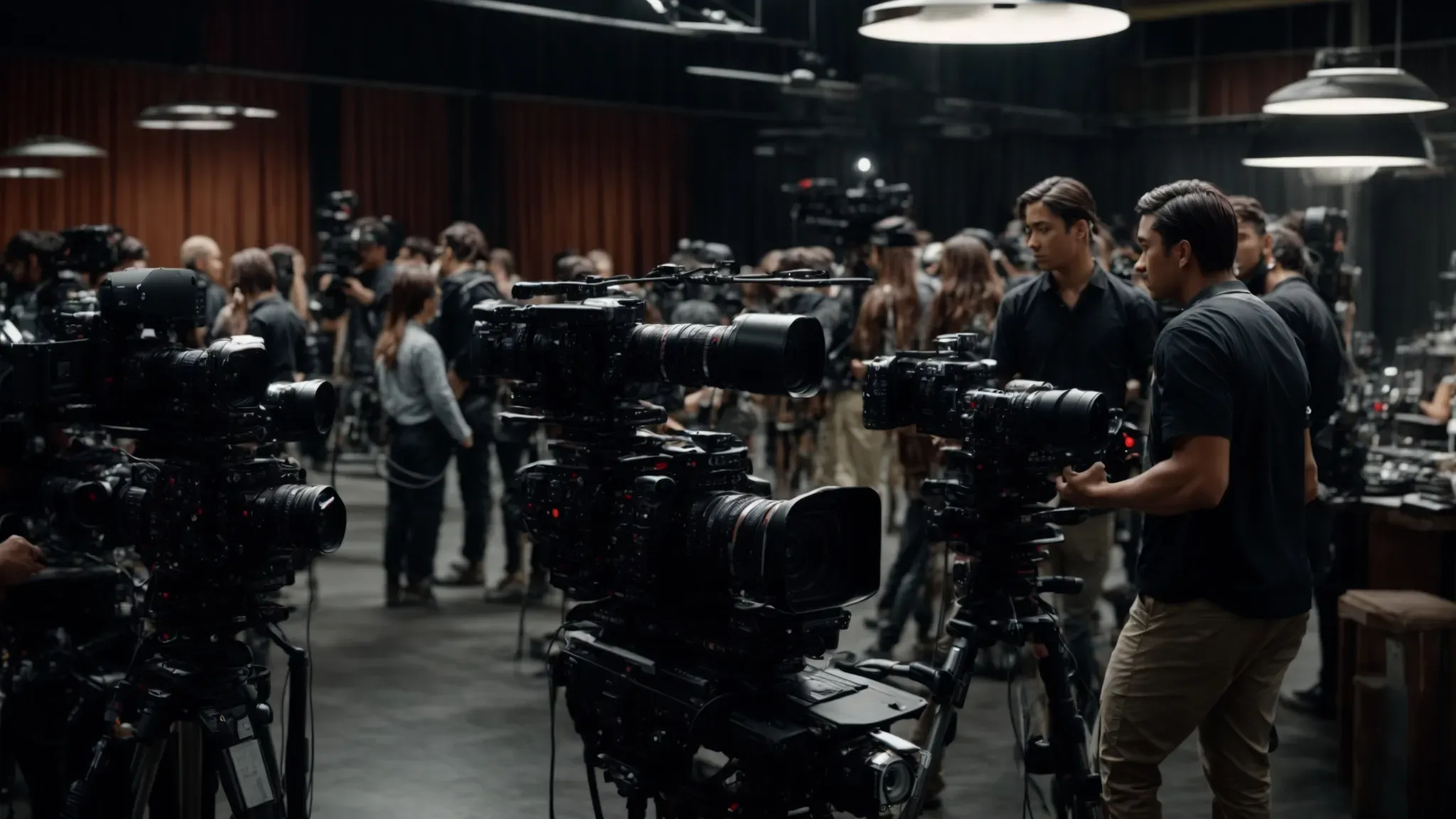 an expansive, bustling film set with cameras and crew intensely focused on capturing a scene, emblematic of the dynamic and immersive learning environments offered at north america's premier film schools.