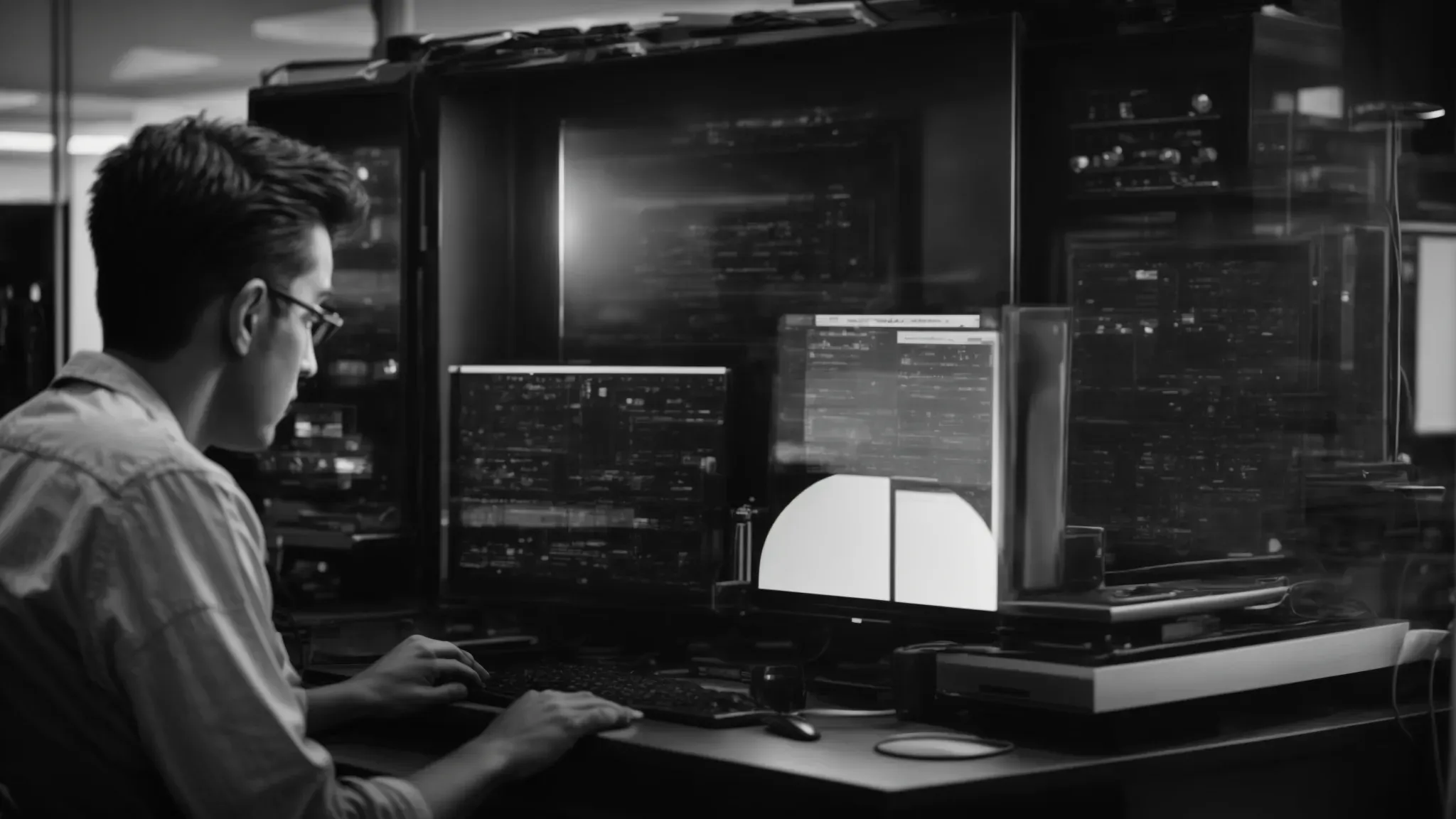 a person works intently on a computer, digitally colorizing a frame from an old black and white film.