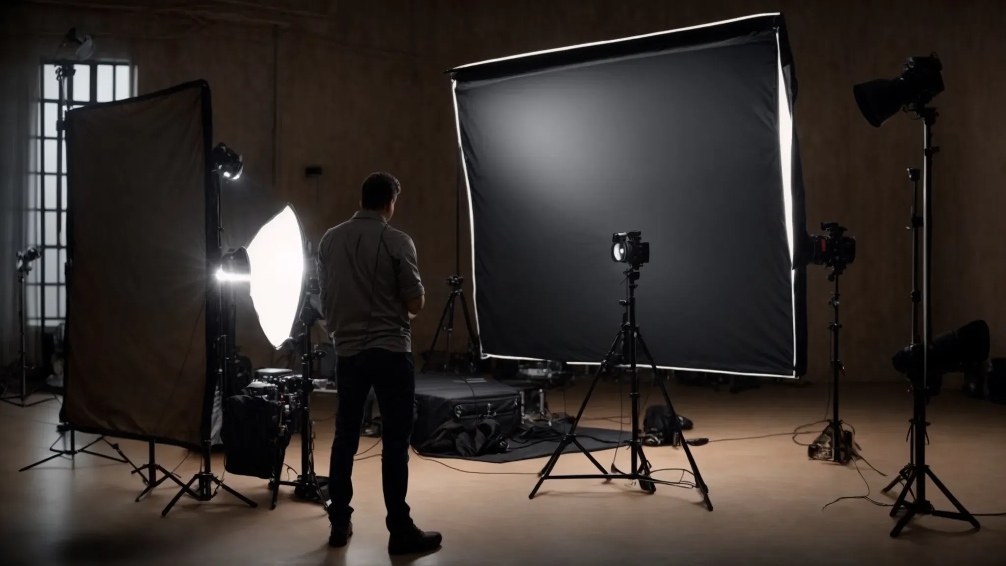 a filmmaker adjusting a large softbox light facing an empty set, preparing to capture a scene. 