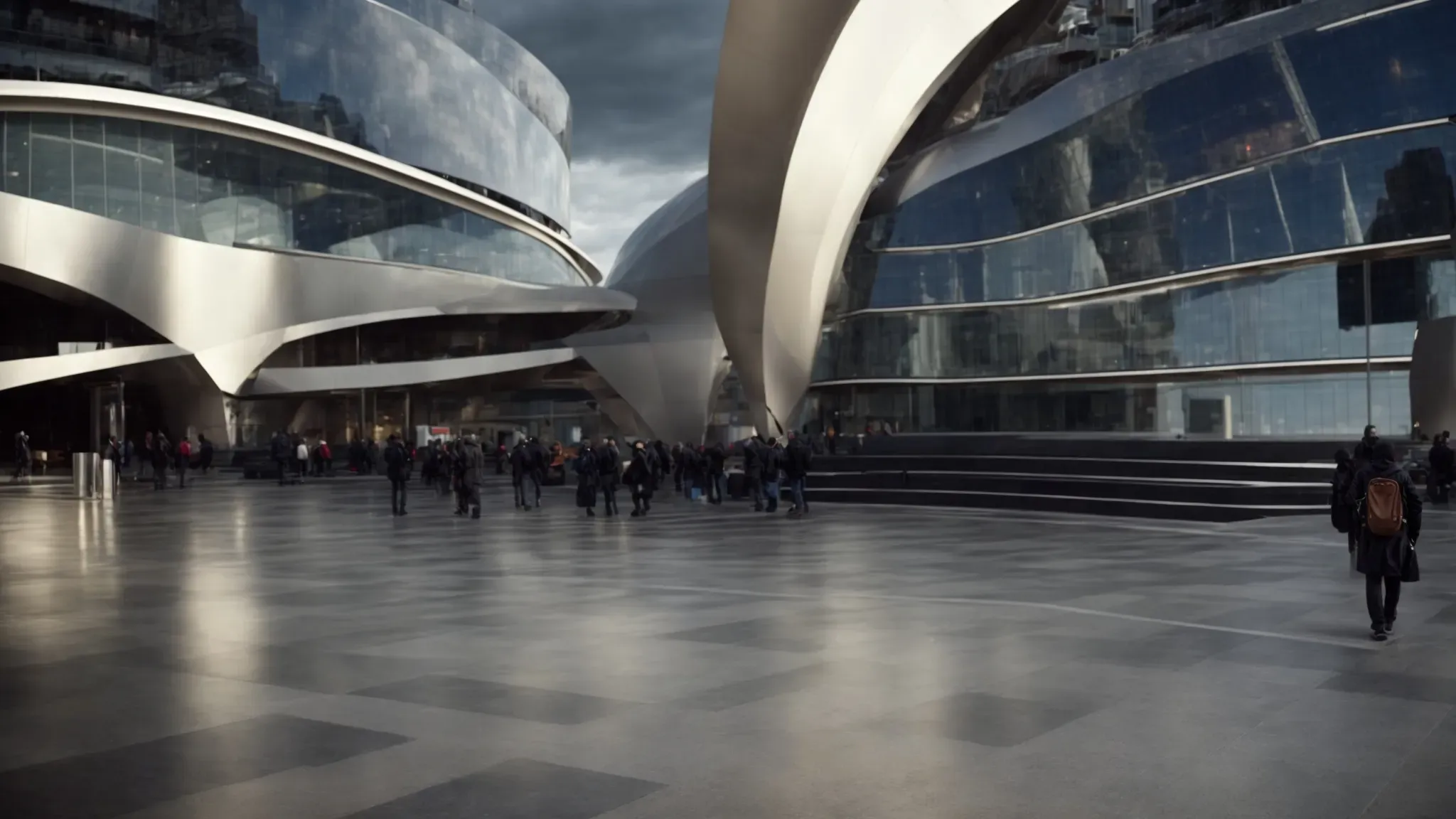 a massive, futuristic clock dominating a bustling city square as the sky darkens ominously.