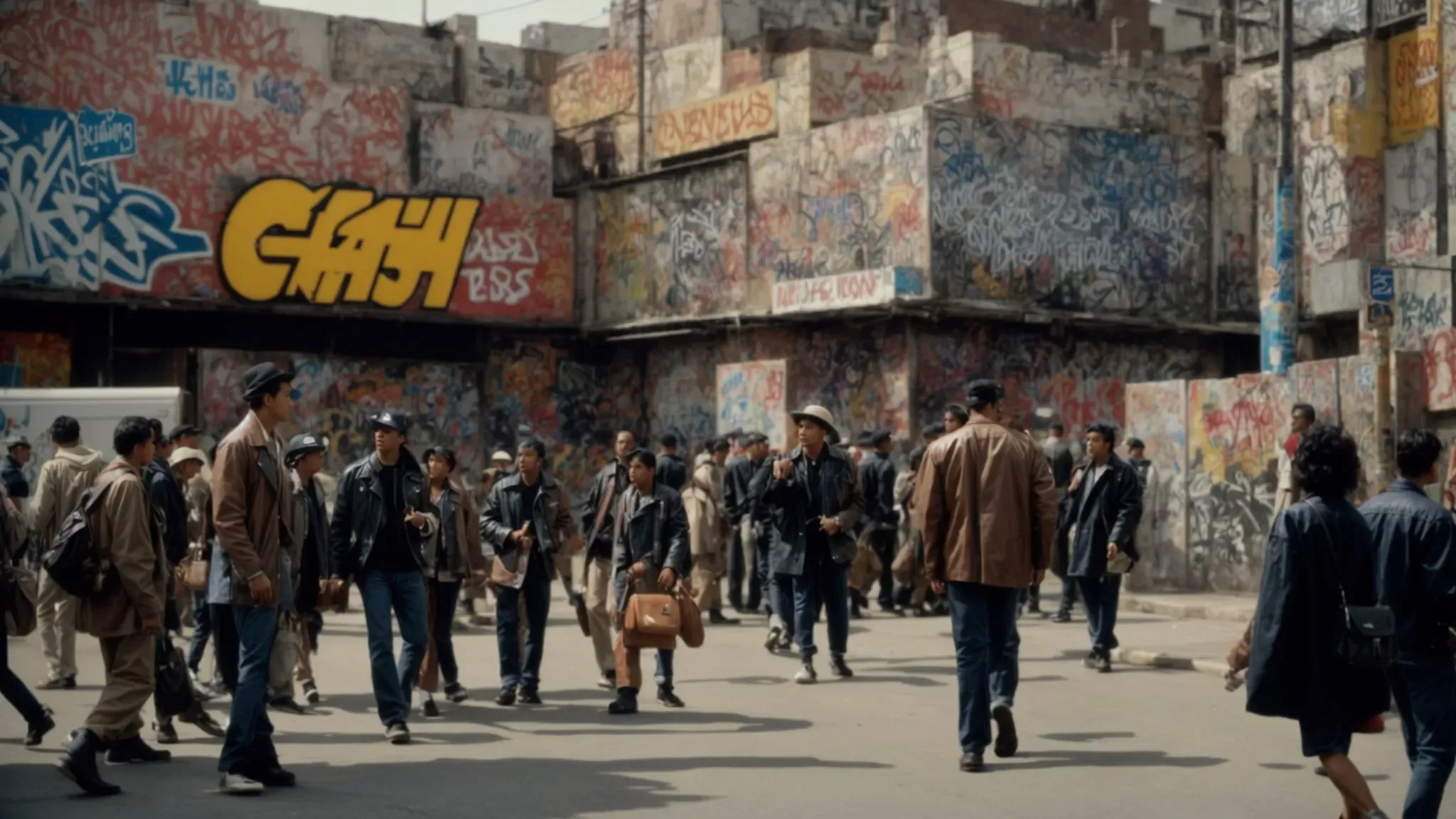 a diverse crowd walks past a mix of street signs, advertisements, and graffiti-covered walls, illustrating the clash and blend of public and personal symbols in an urban setting.