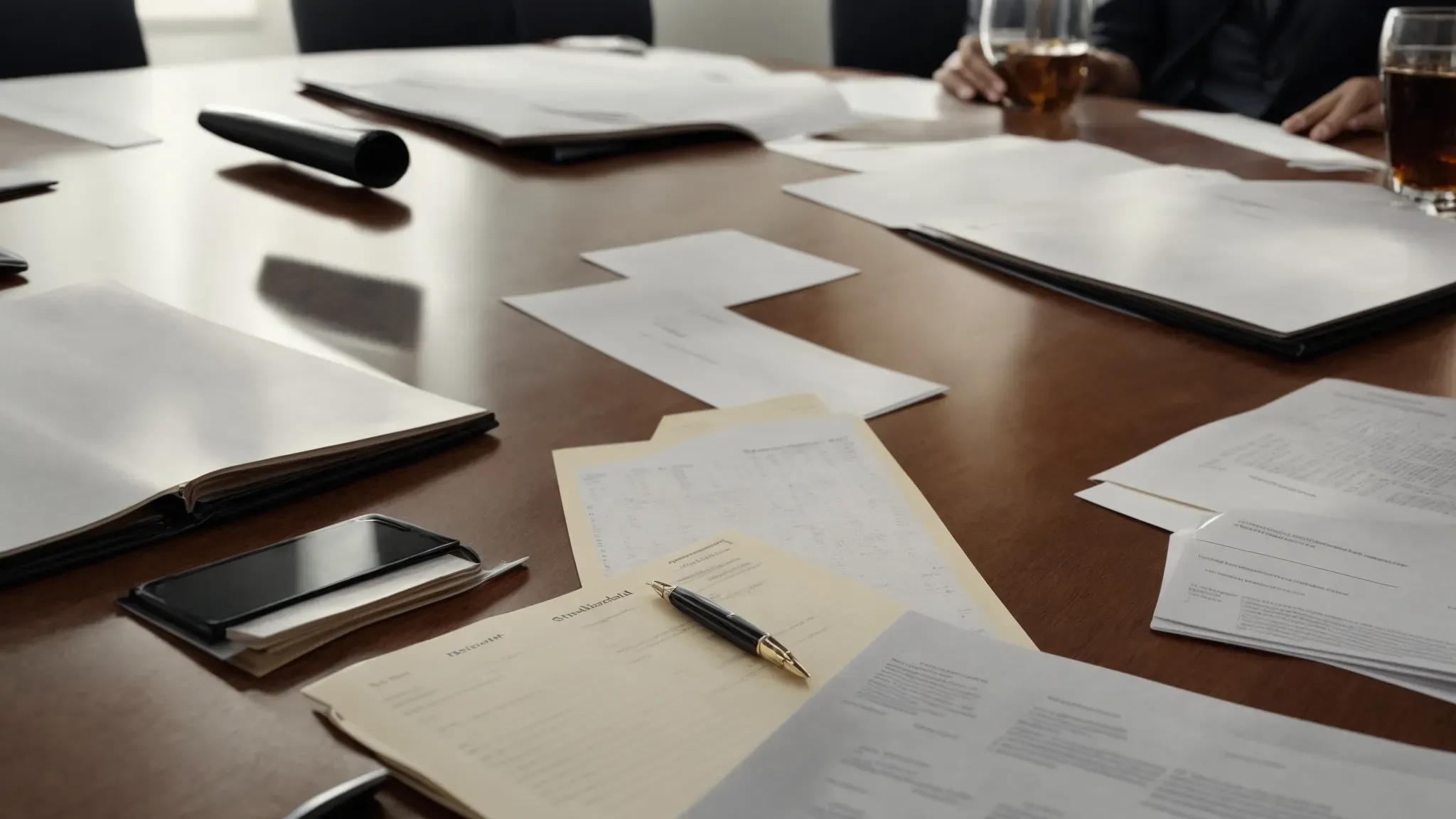 a boardroom table with scattered documents, signaling a strategic business meeting evaluating workforce compliance.