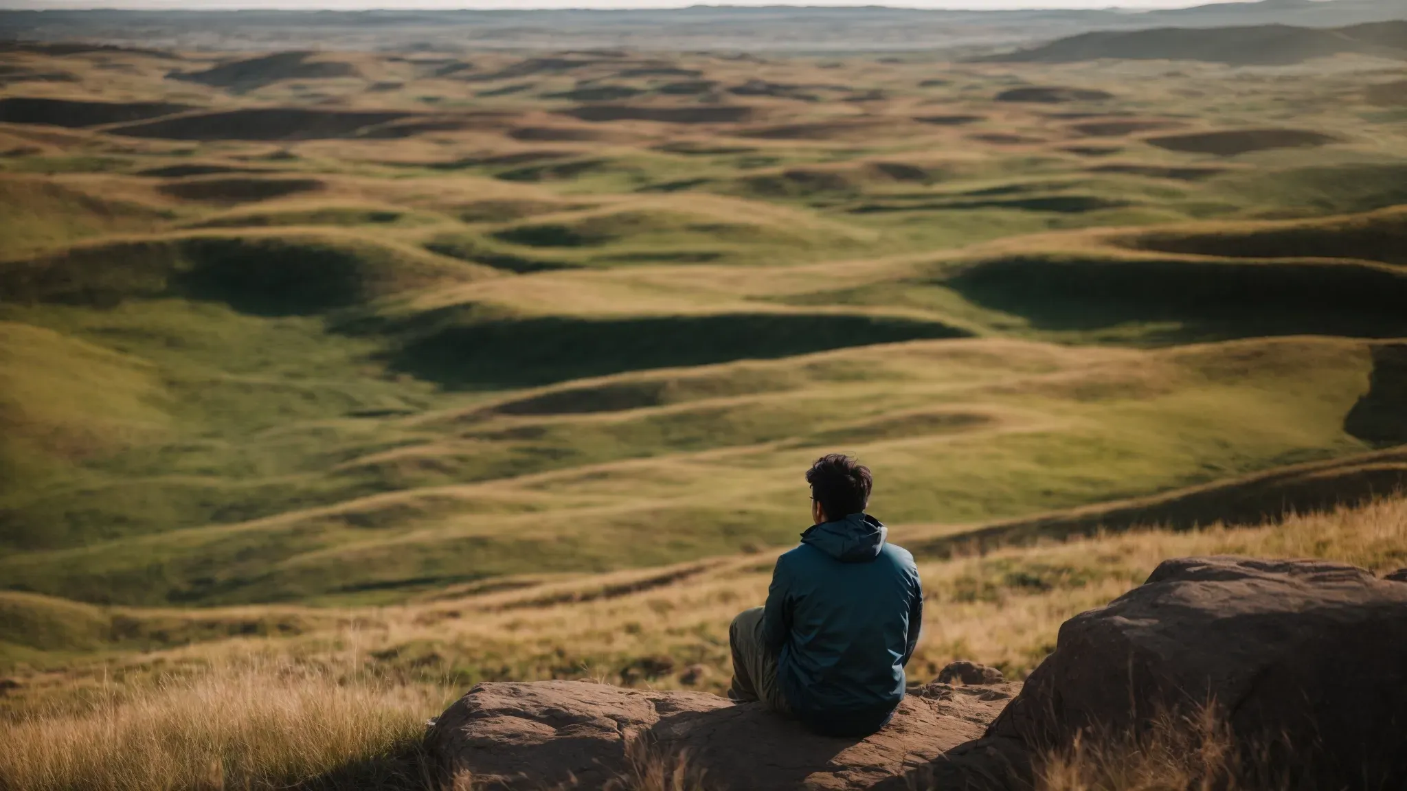 a filmmaker gazes across a vast, scenic landscape that stretches between states, pondering the interlacing of diverse regional stories.