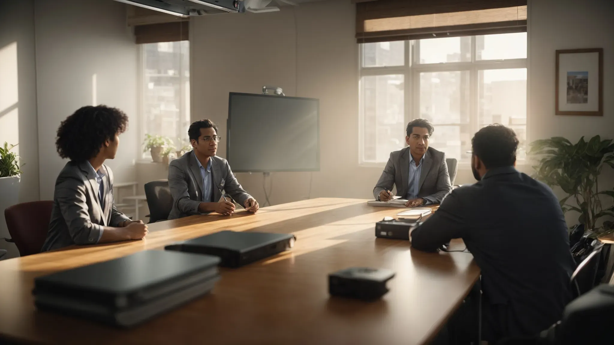 a filmmaker presents a project to a small group of potential investors in a modest, sunlit office.