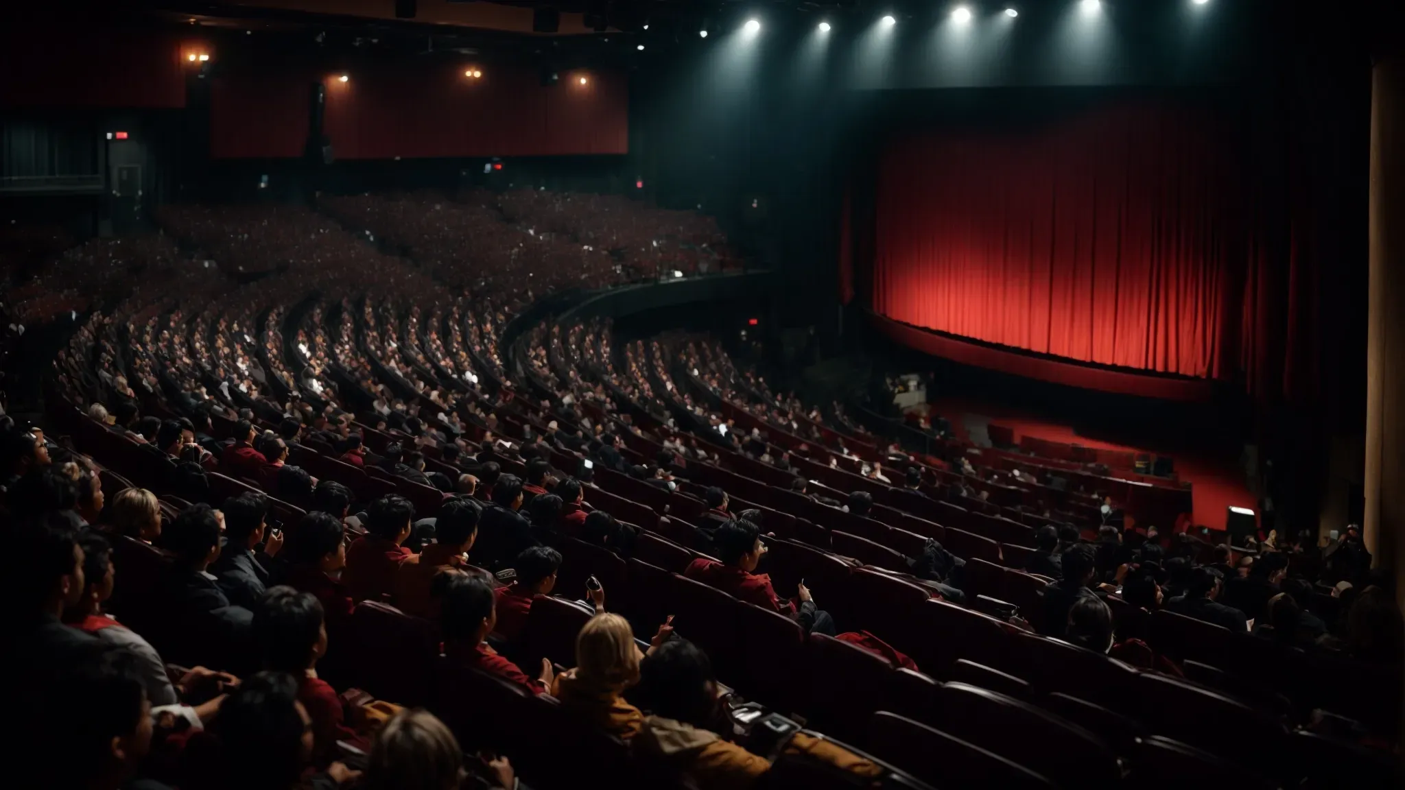 a wide, dimly lit theater filled with an eager audience, a giant screen showcasing the vibrant, dramatic opening scene of a foreign film.