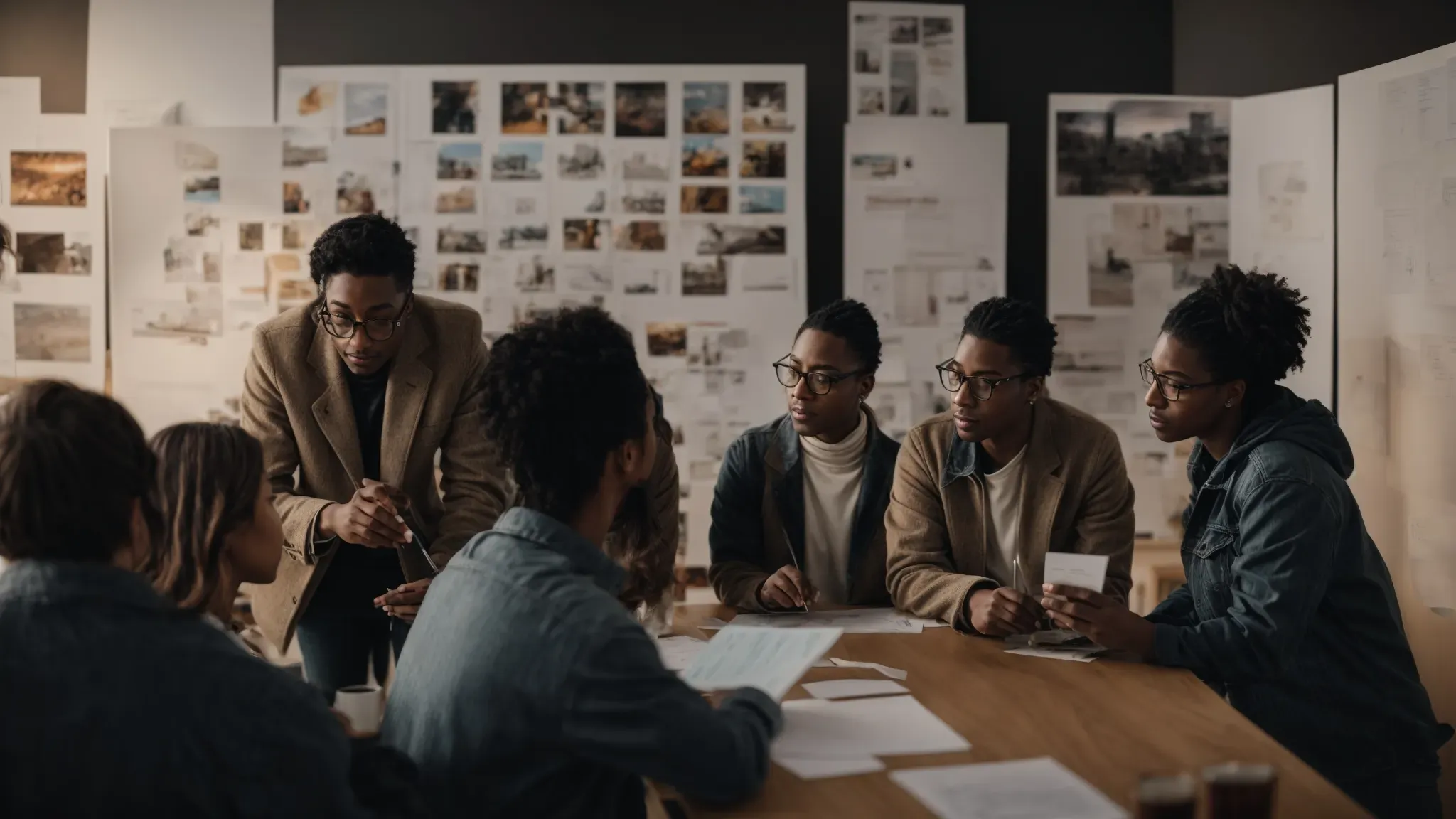 a diverse group of creative professionals gathers around a storyboard, actively engaged in discussion and planning for an upcoming photoshoot.