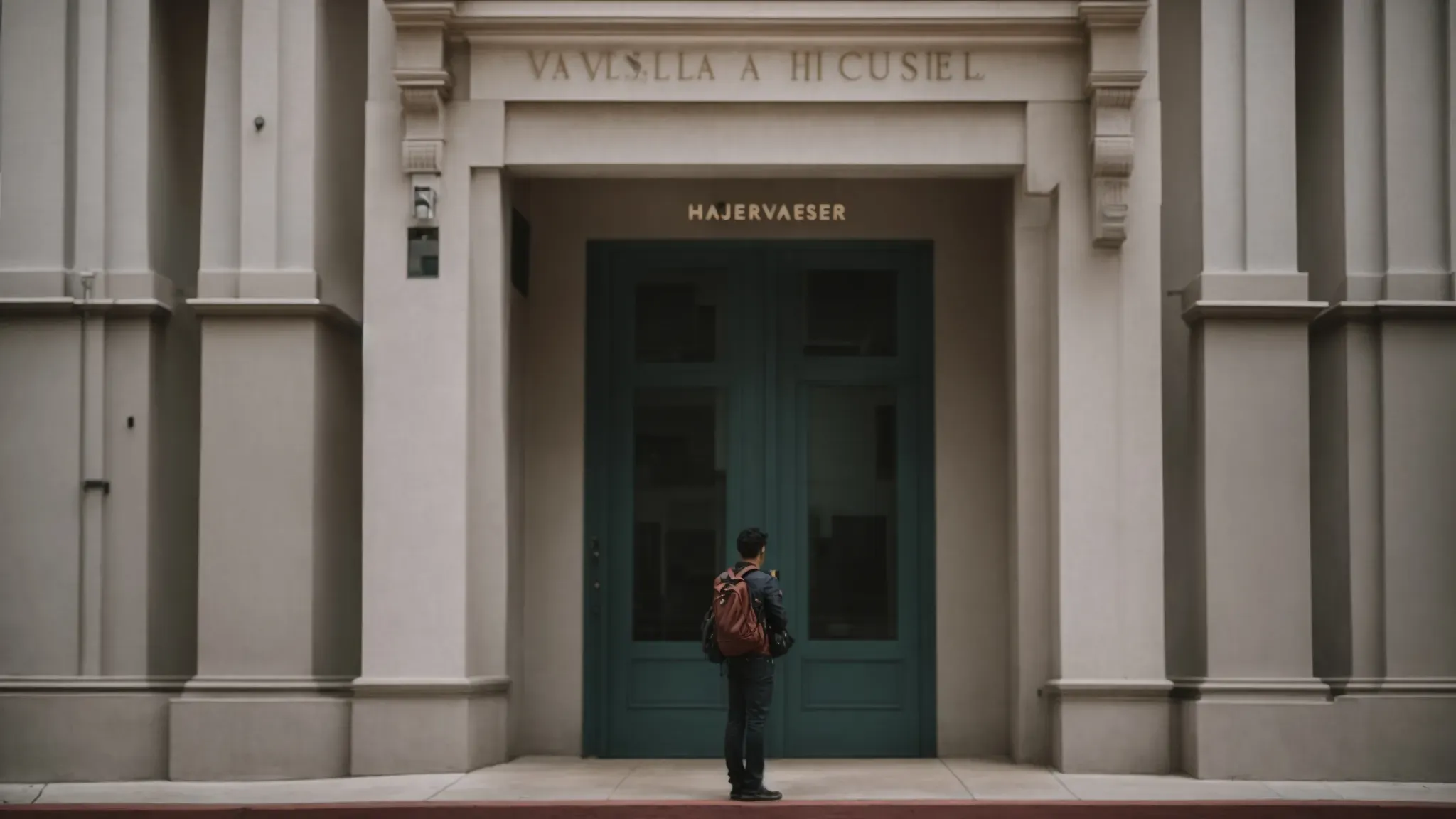 an aspiring filmmaker stands at the entrance of a renowned la film school, gazing at the building with a hopeful expression.