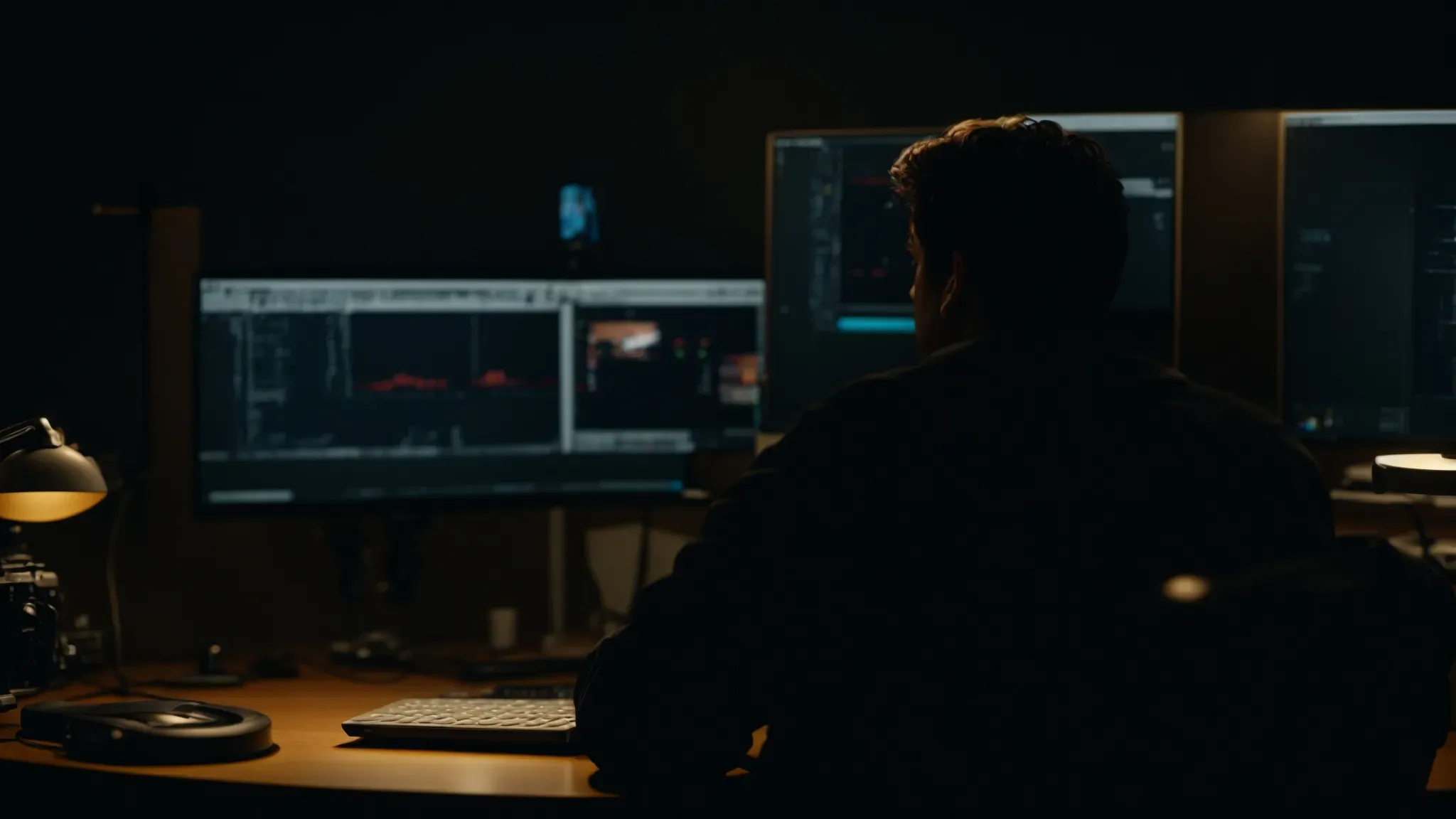 a filmmaker reviews footage on a computer screen in a dimly lit editing suite.