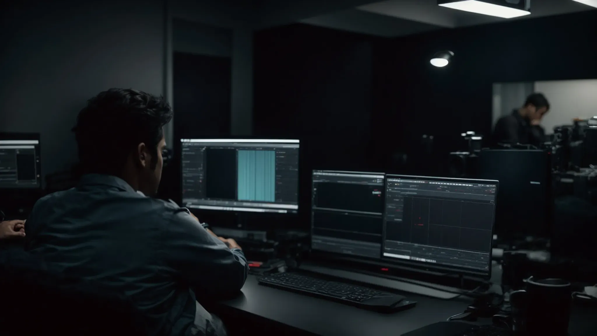 a filmmaker reviews the final cut in a darkened editing suite, poised for the netflix debut.