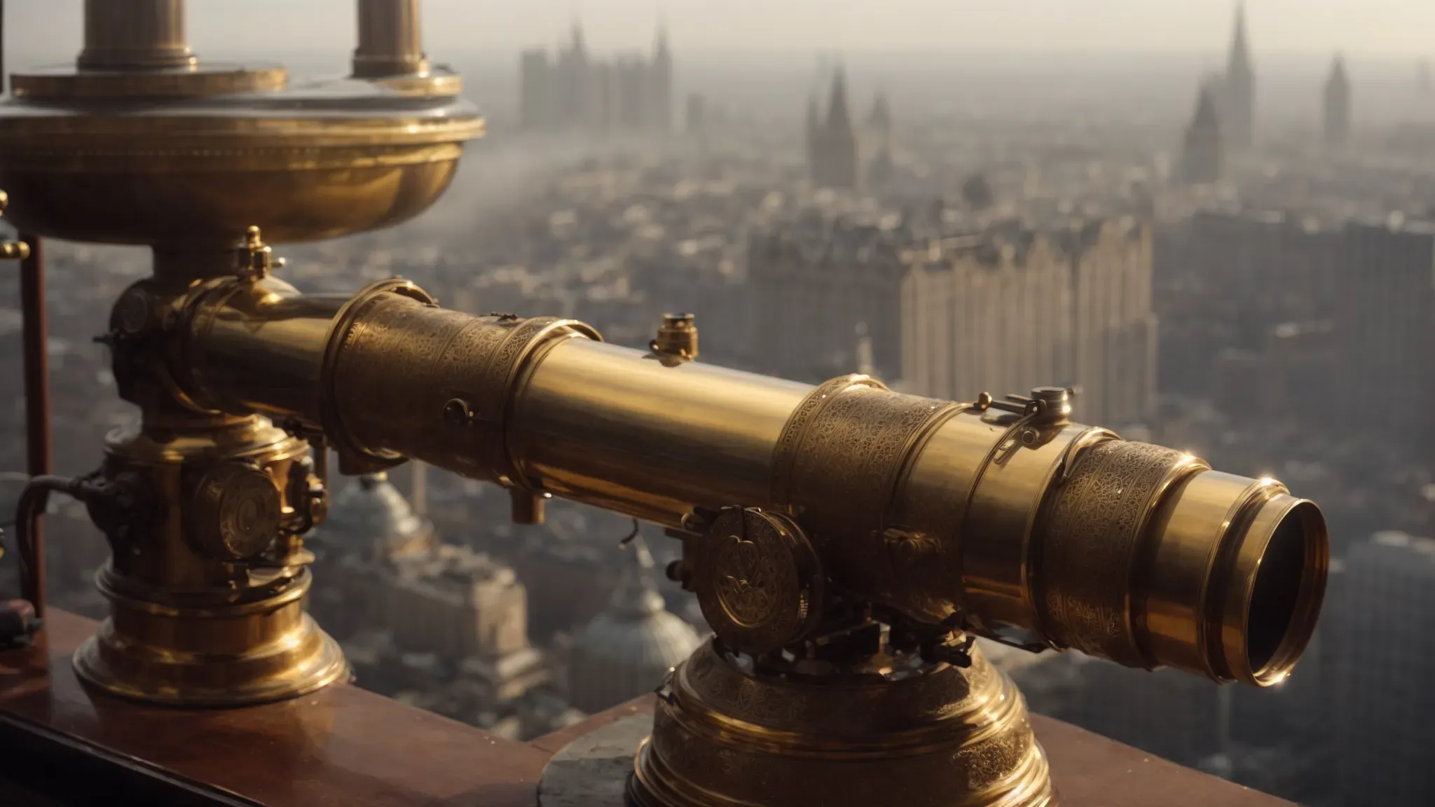 an ornate brass telescope overlooks a foggy cityscape, where victorian architecture mingles with towering gears and steam pipes.