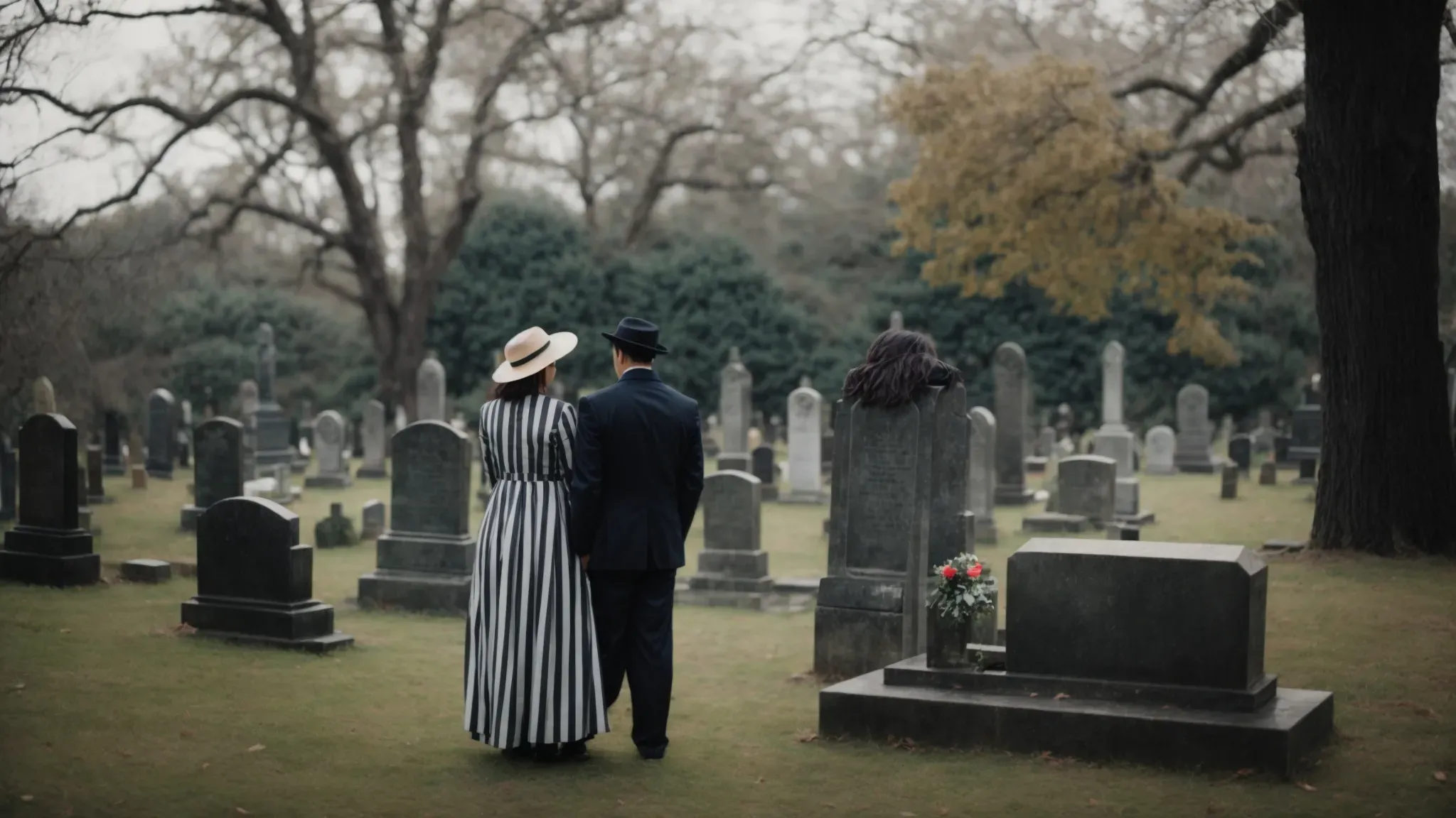 a whimsical graveyard with a ghostly couple gazing at a mischievous, striped-suited figure gesturing grandly.