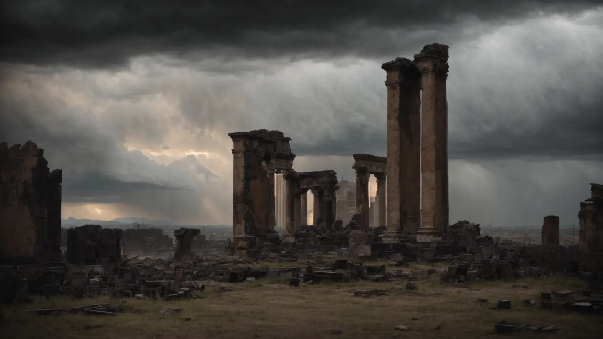 a desolate cityscape with towering ruins under a stormy sky, devoid of human presence, captures the essence of apocalyptic storytelling in film.