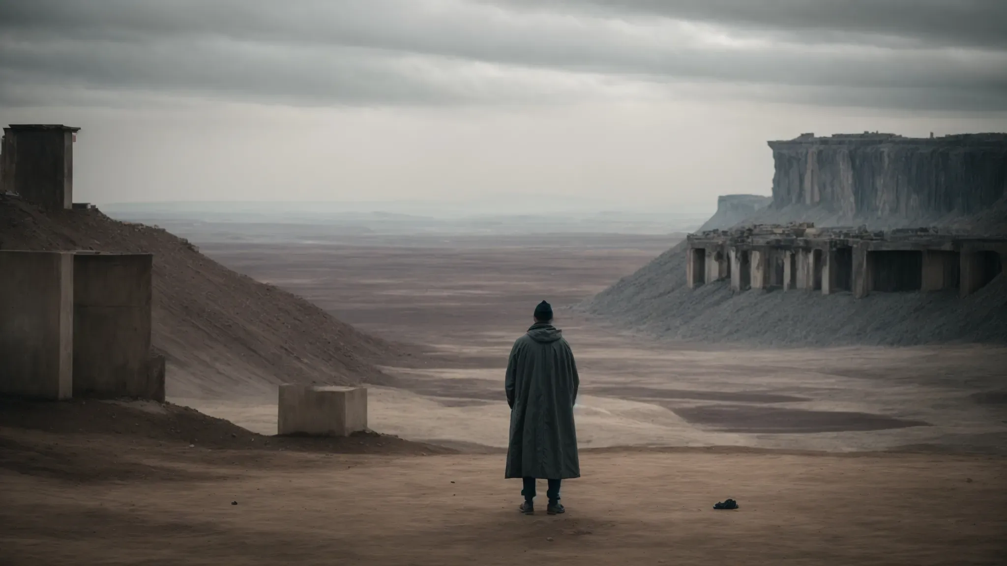 a lone figure stands amidst ruination, gazing out at a world on the brink of oblivion.
