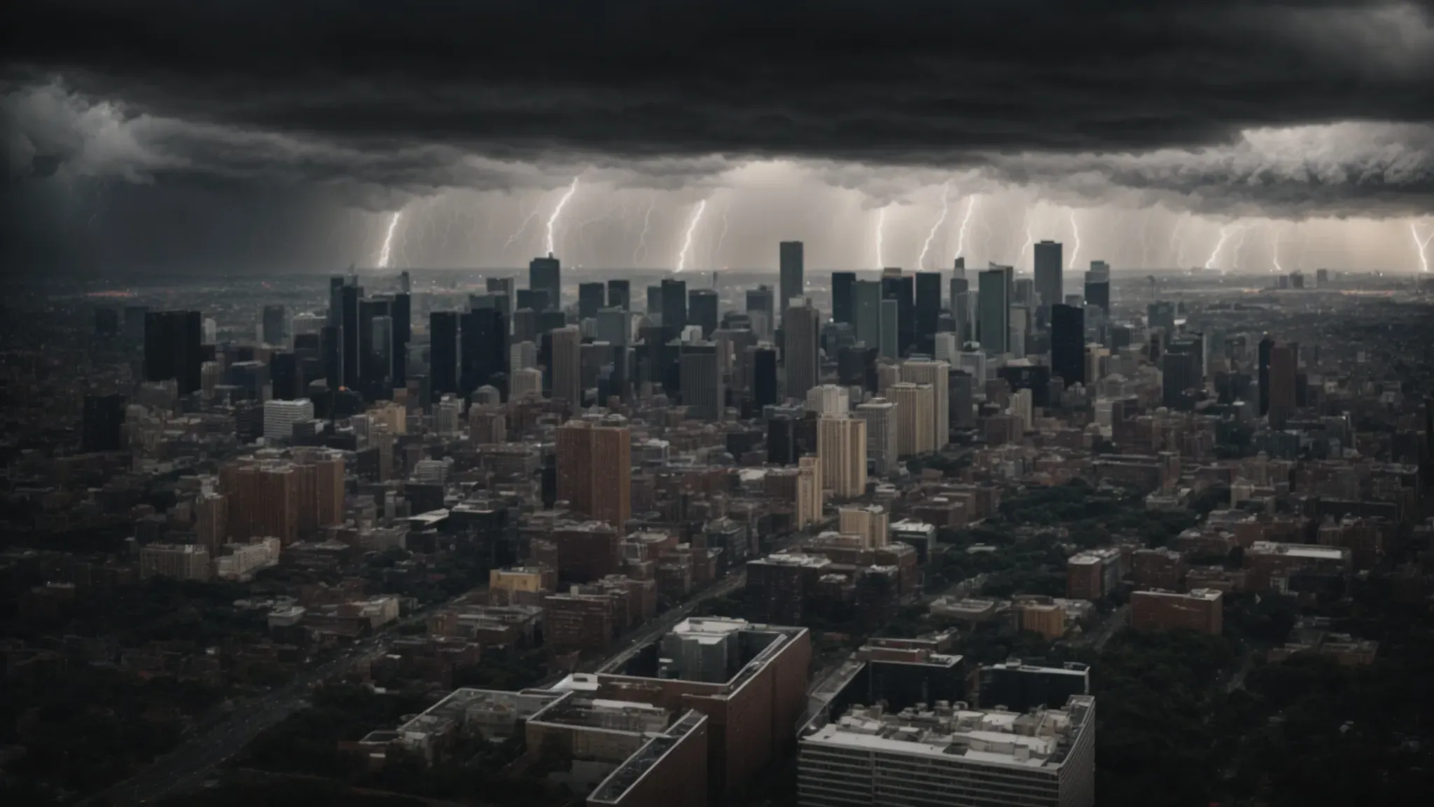 a city skyline against a backdrop of ominous storm clouds, capturing the essence of an imminent apocalypse.
