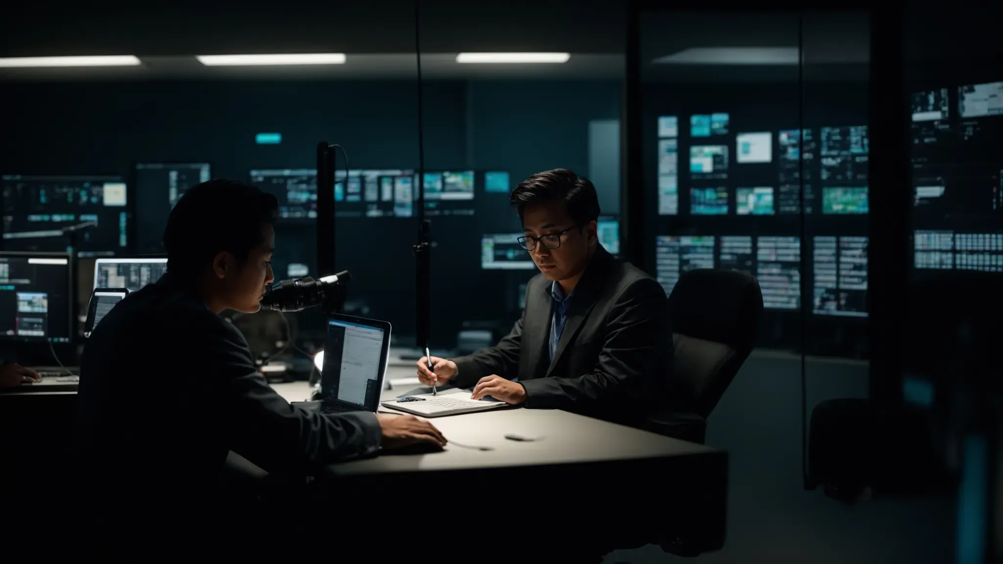 a director and editor intensely focus on a screen inside a dimly lit editing room, bringing a film to life.