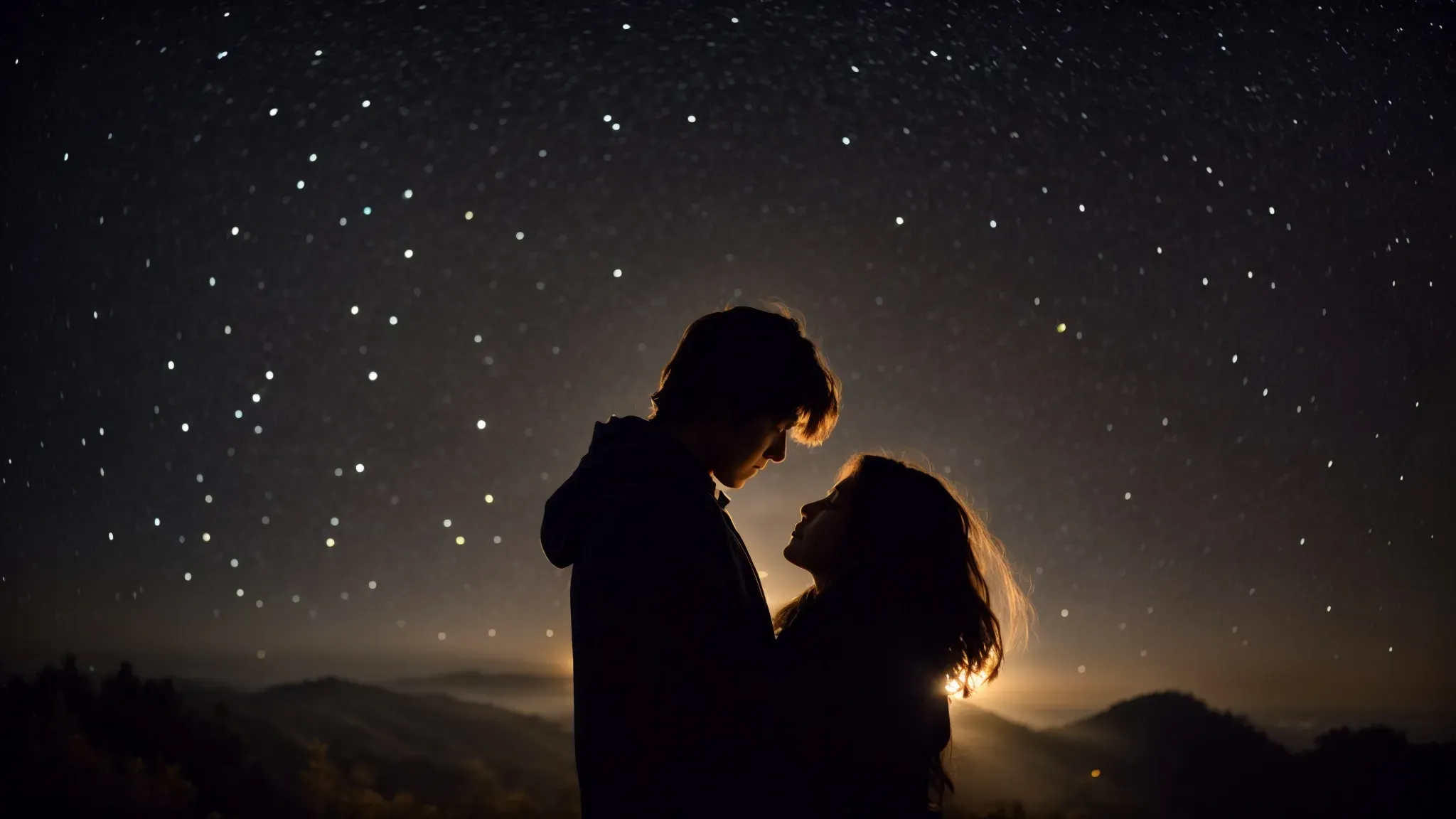 a couple holds each other closely under a canopy of twinkling stars, foreheads touching and lost in each other's eyes.