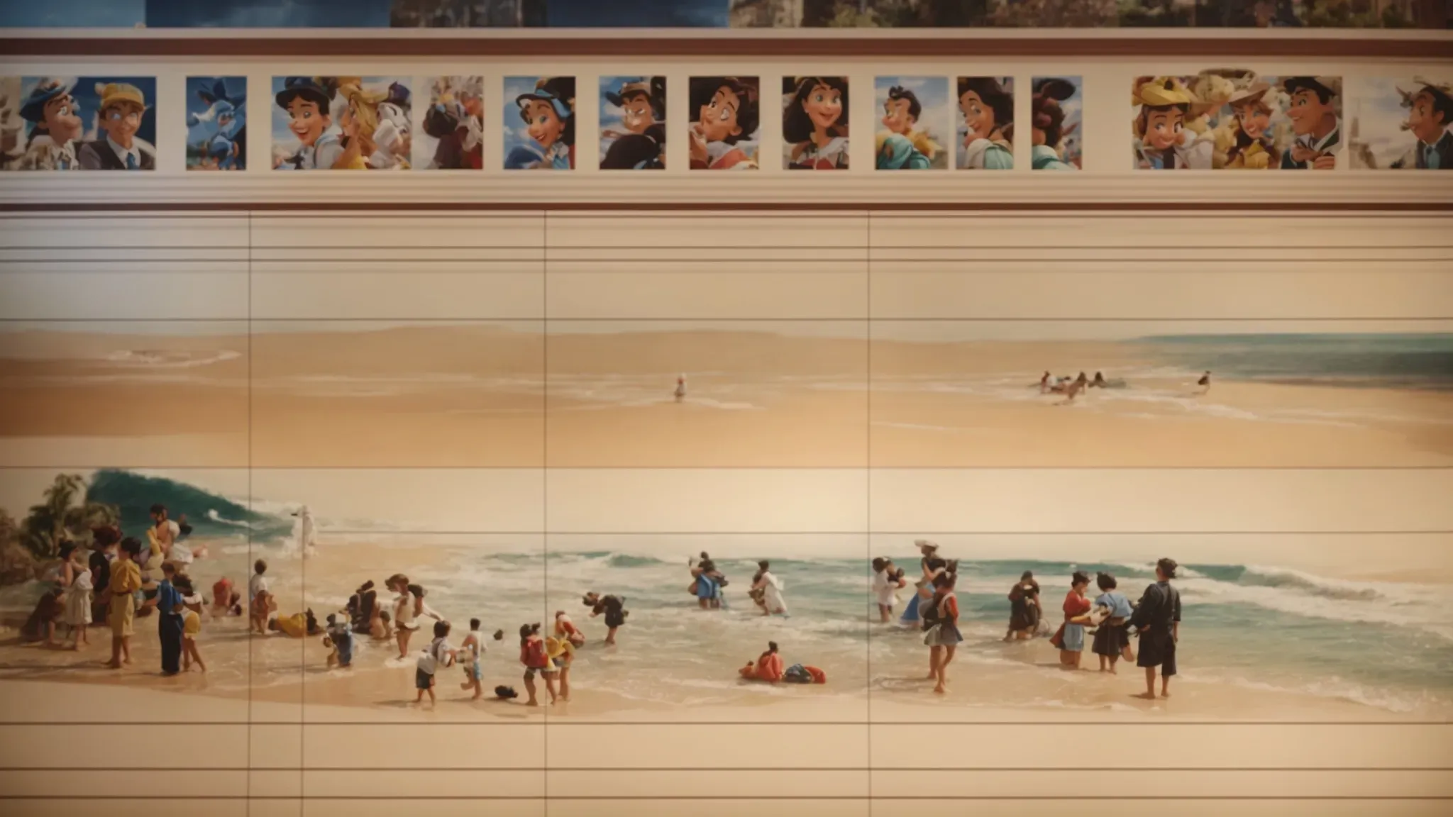 a timeline on a wall transitioning from classic disney-style cartoons at one end to ultra-realistic cgi characters on the other.