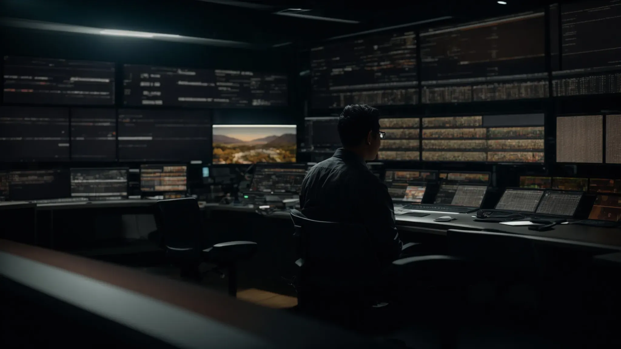 a director reviews footage on a large screen in a dimly lit editing room, surrounded by high-end equipment.