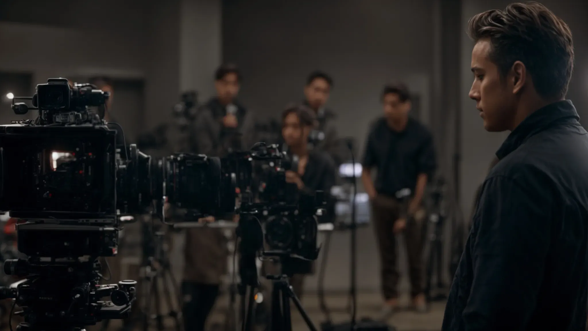 a director looks through a camera on a set, capturing a scene as crew members adjust lighting and equipment in the background.
