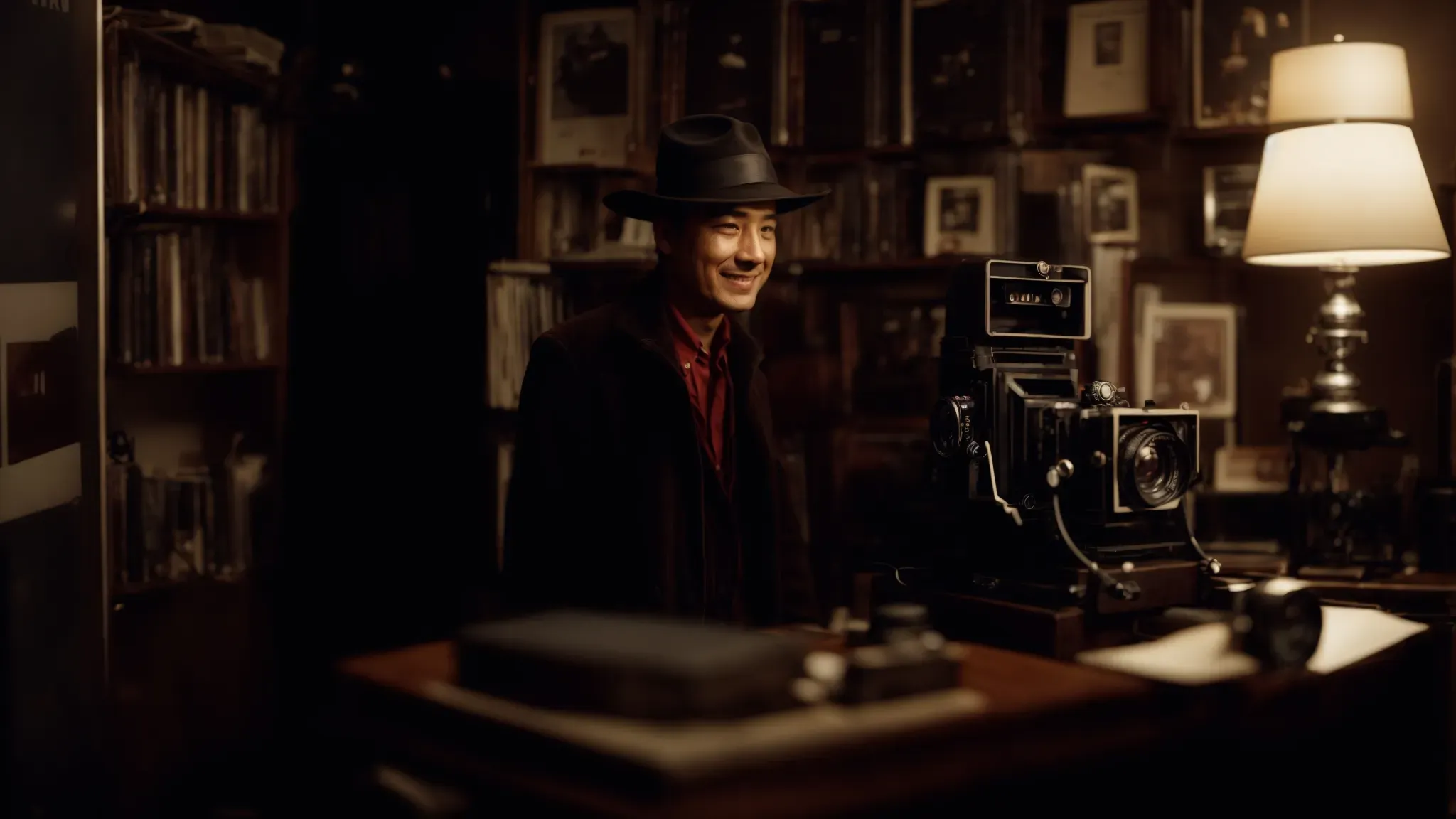 a shadowy figure holding a vintage camera, chuckling in a dim, moody lit room filled with eccentric memorabilia.