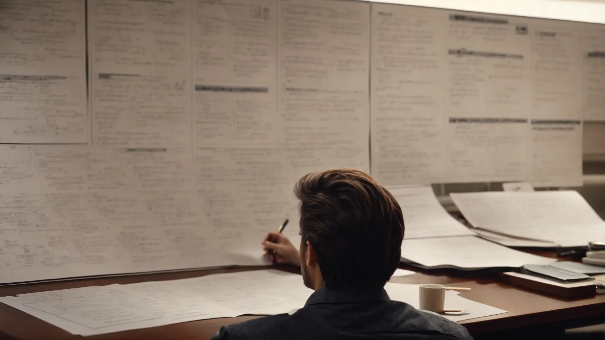 a screenwriter intently studies a large storyboard filled with sketches and notes, mapping out the blueprint of a film.