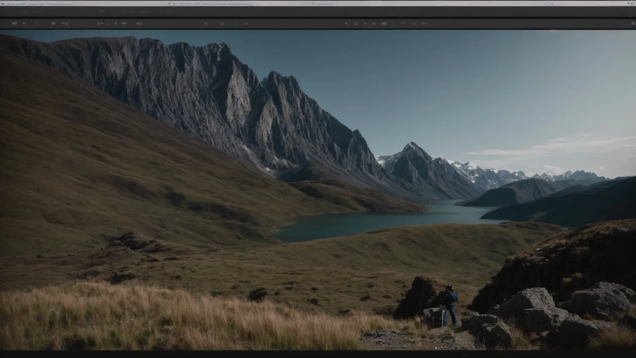 a photographer intently adjusts settings on a computer software, focusing on an image of a stunning landscape on the screen.