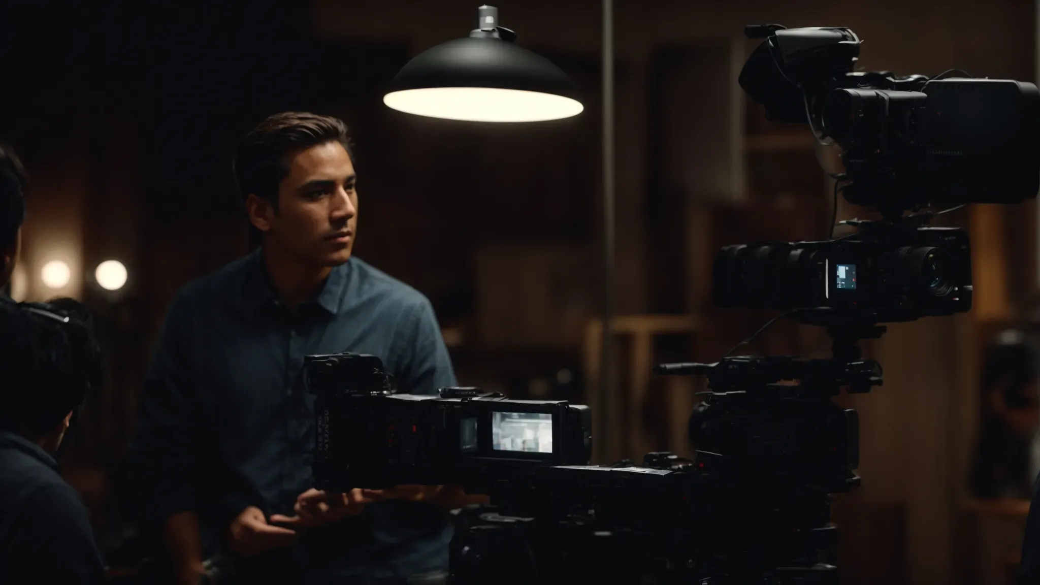 a director and cinematographer intently review footage on a monitor on set, adjusting lighting to perfect the mood of a scene.