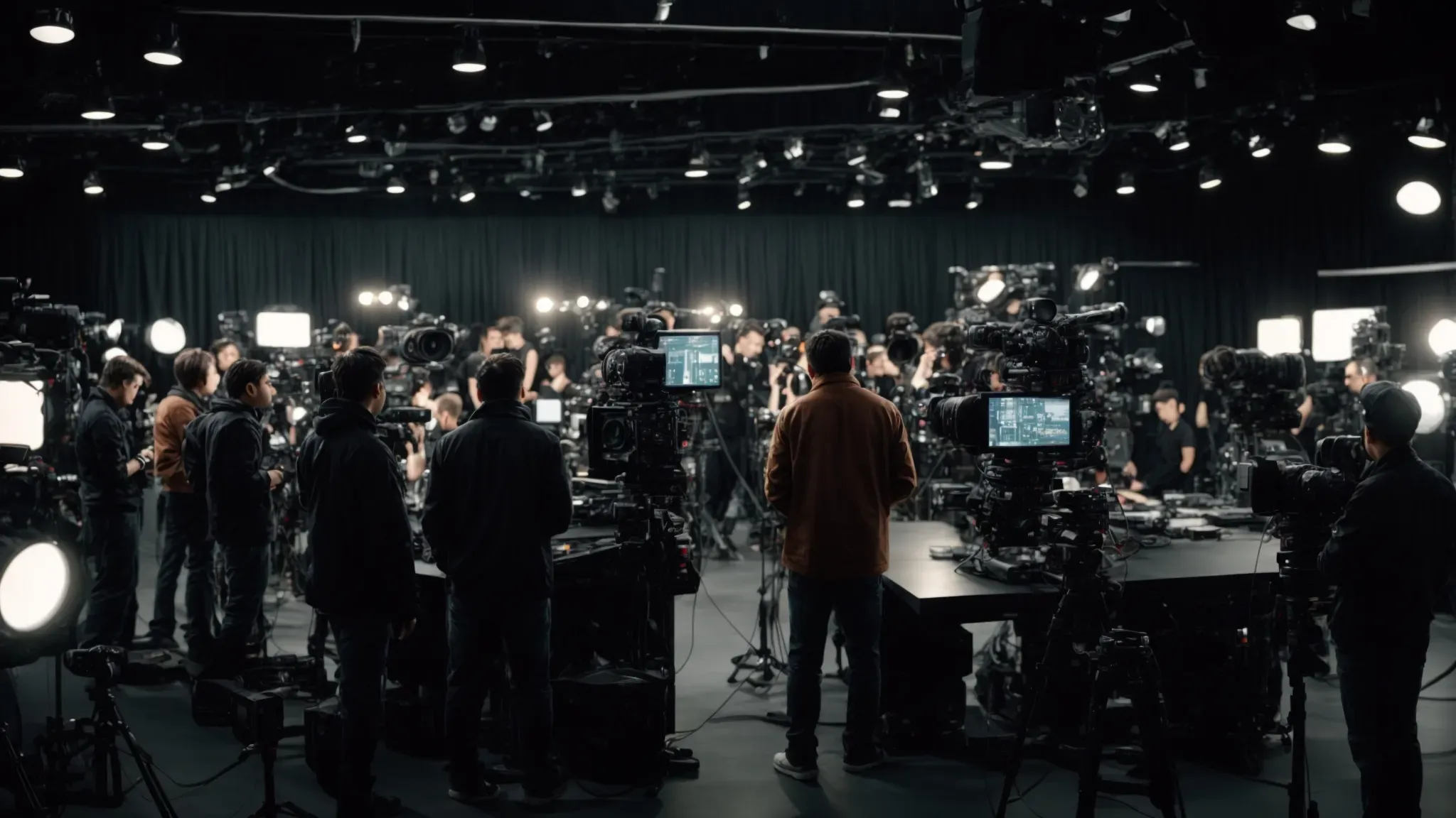 a vast studio filled with bright lights, large cameras, and crew members intensely focused around a central set.