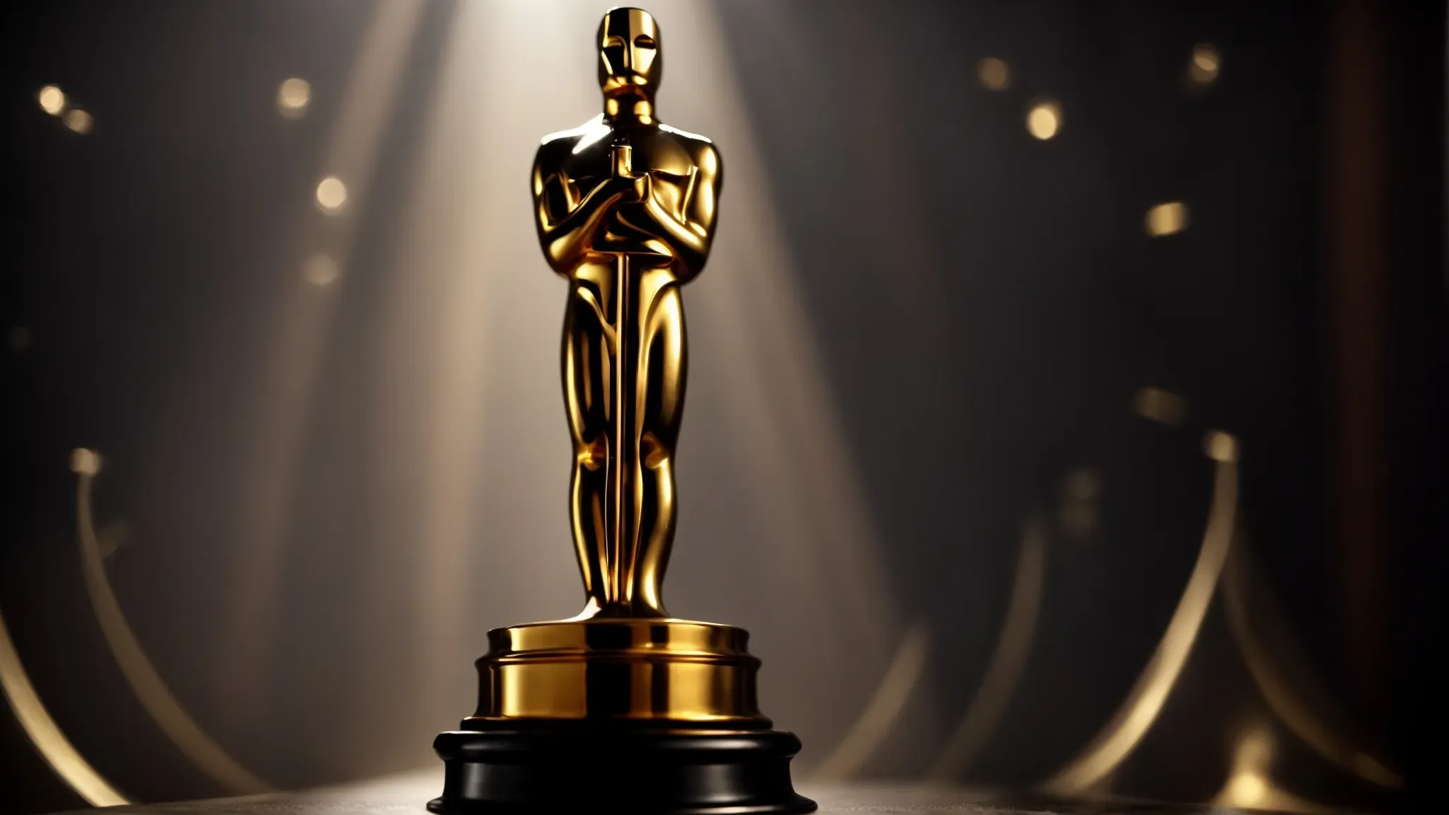 a golden oscar statuette bathed in spotlight stands center stage, an emblem of cinematic excellence.