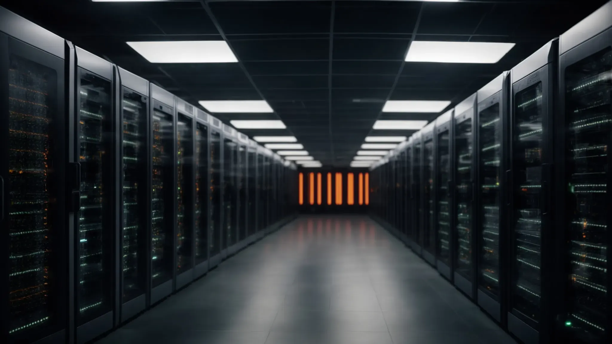 a secure server room with rows of computers and flashing lights, symbolizing the backbone of protected production management software systems.