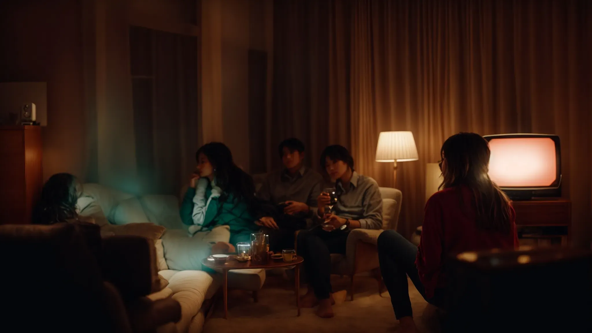 a dimly lit, cozy living room where a group of friends gathers, engrossed in the glow of a vintage television screen, illustrating an intimate movie night.