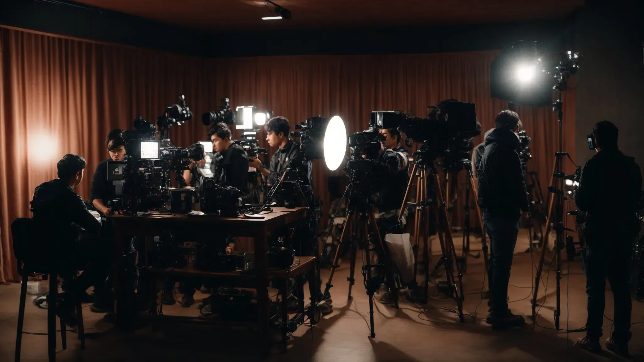 a small, passionate film crew works intently on an indie movie set, enveloped in the spirit of collaborative storytelling.