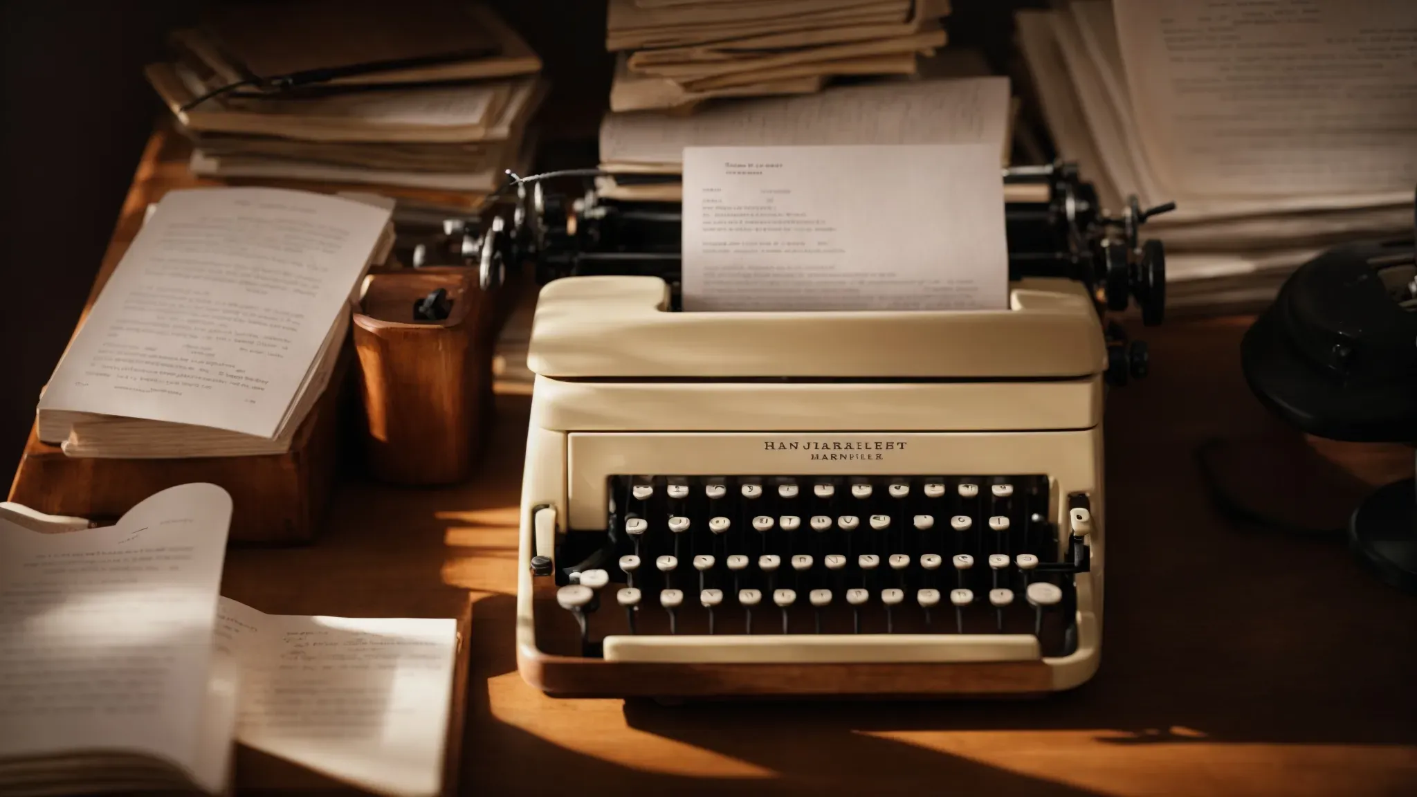a typewriter sits on an antique wooden desk, surrounded by scattered screenplay pages illuminated by the soft glow of a vintage desk lamp.