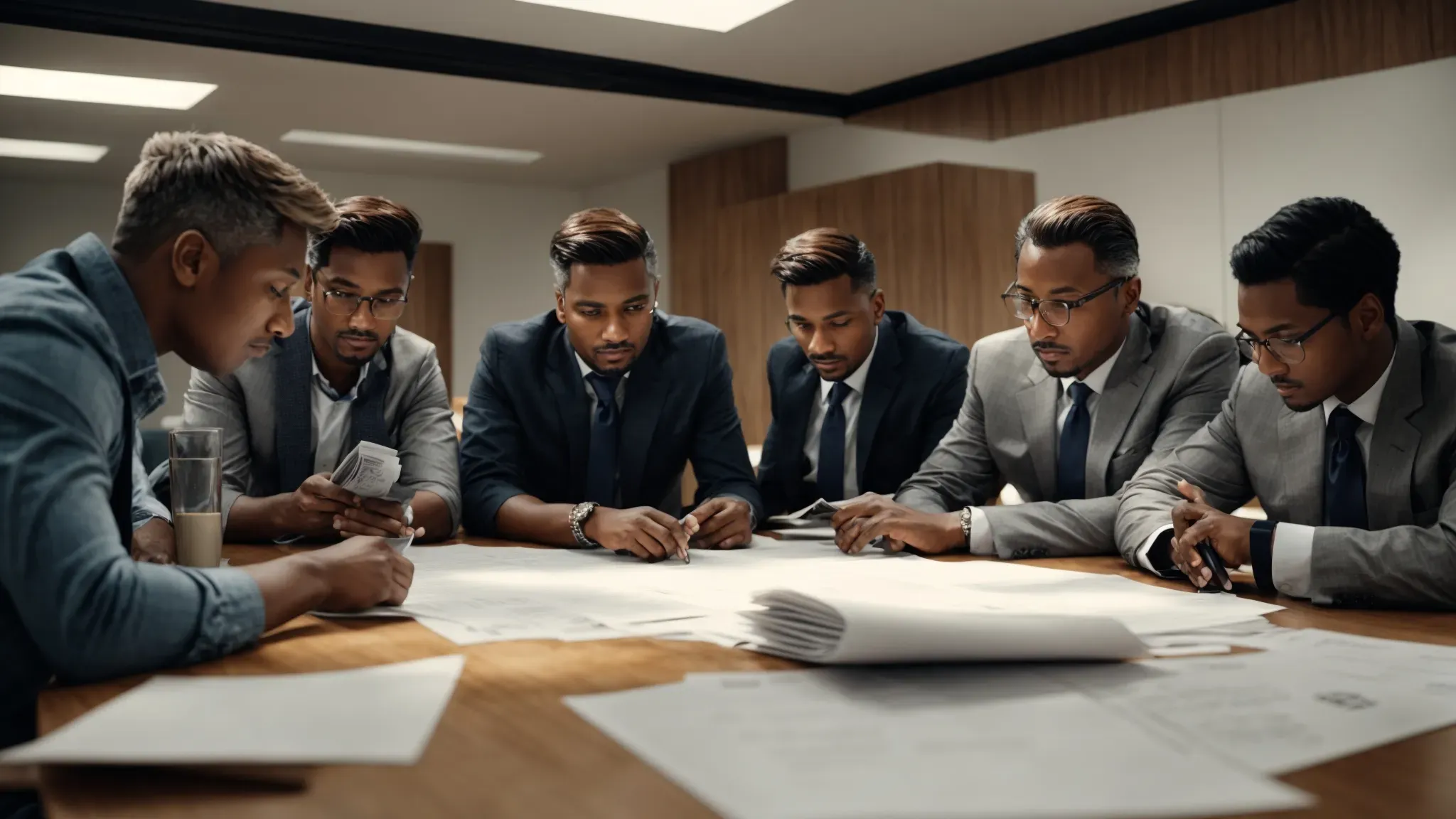 a group of focused individuals huddle around a table scattered with papers and blueprints in a bright conference room.