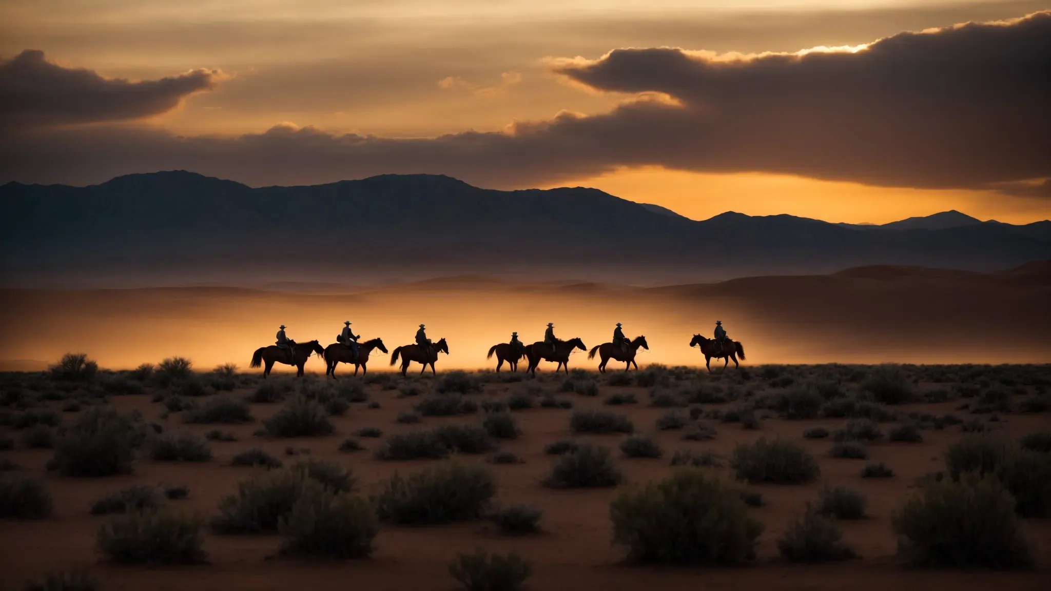 a cinematic desert landscape at dusk, illuminated by the golden sun, with distant silhouettes of cowboys on horseback.