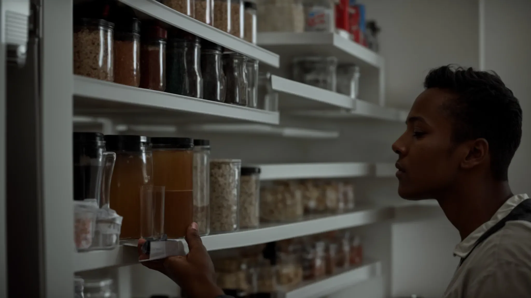 a person thoughtfully comparing two items before placing one back on the shelf.