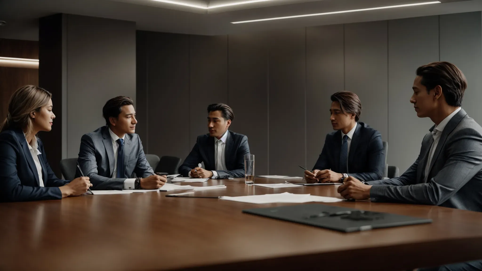 a group of professionals in a meeting room discussing documents on the table.