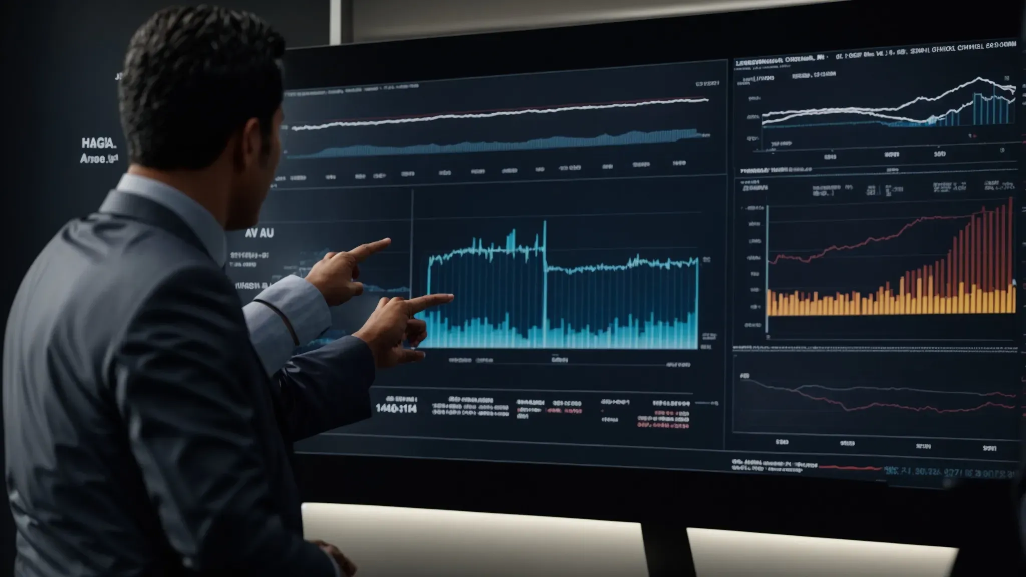a businessman pointing at a digital screen displaying various price charts during a financial meeting.